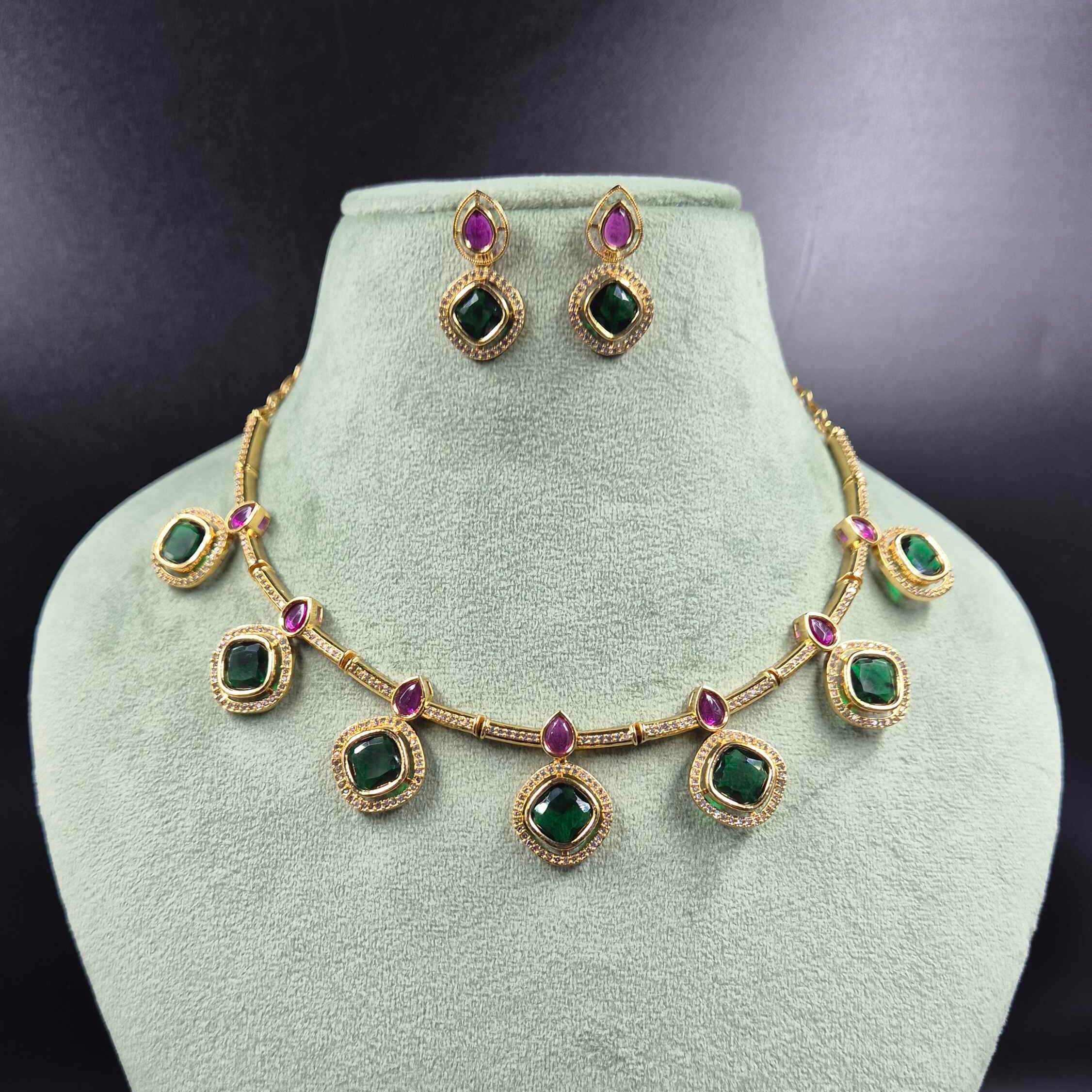 Emerald Green & Ruby CZ Bambpp Chain Necklace Set | Designer Jewellery