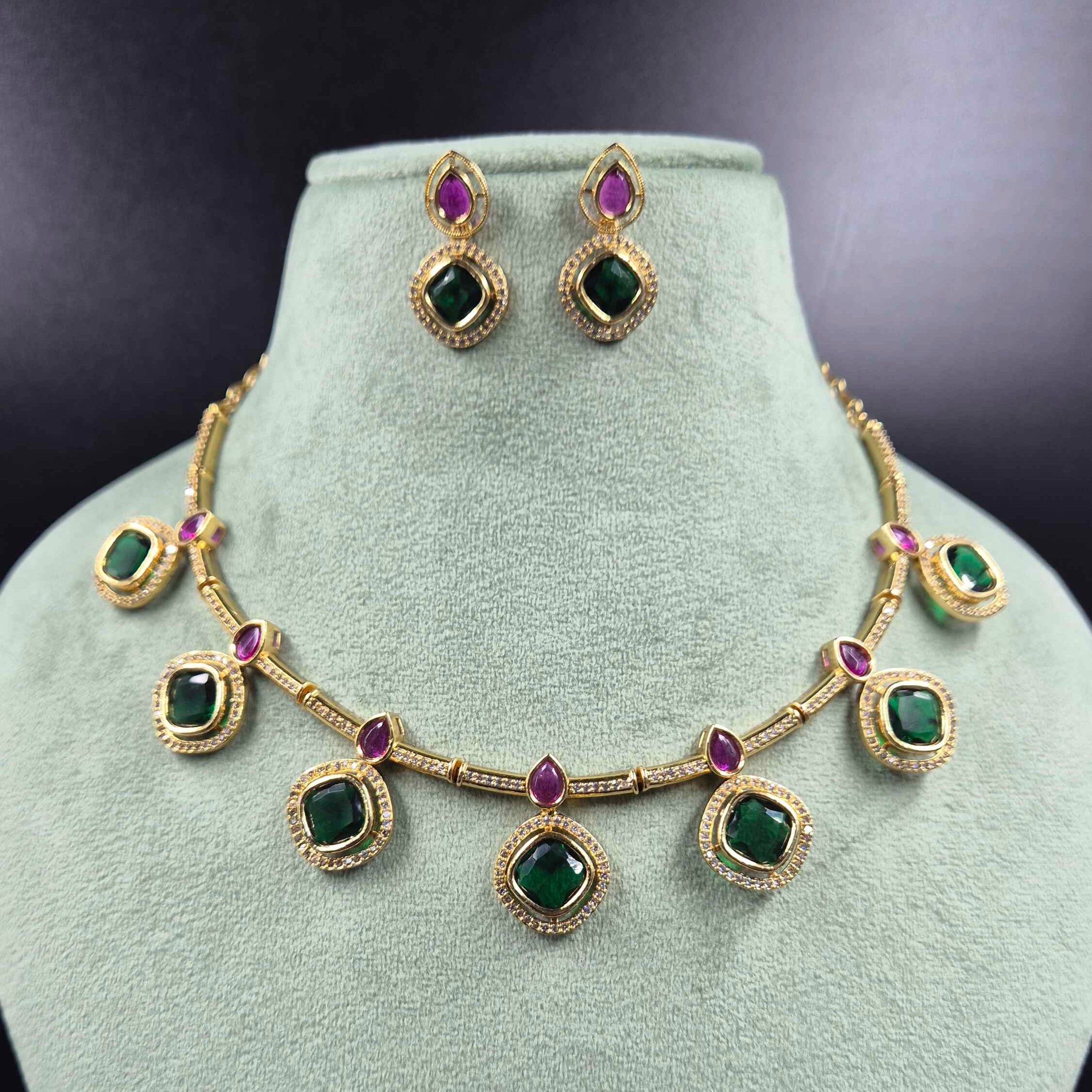 Emerald Green & Ruby CZ Bambpp Chain Necklace Set | Designer Jewellery