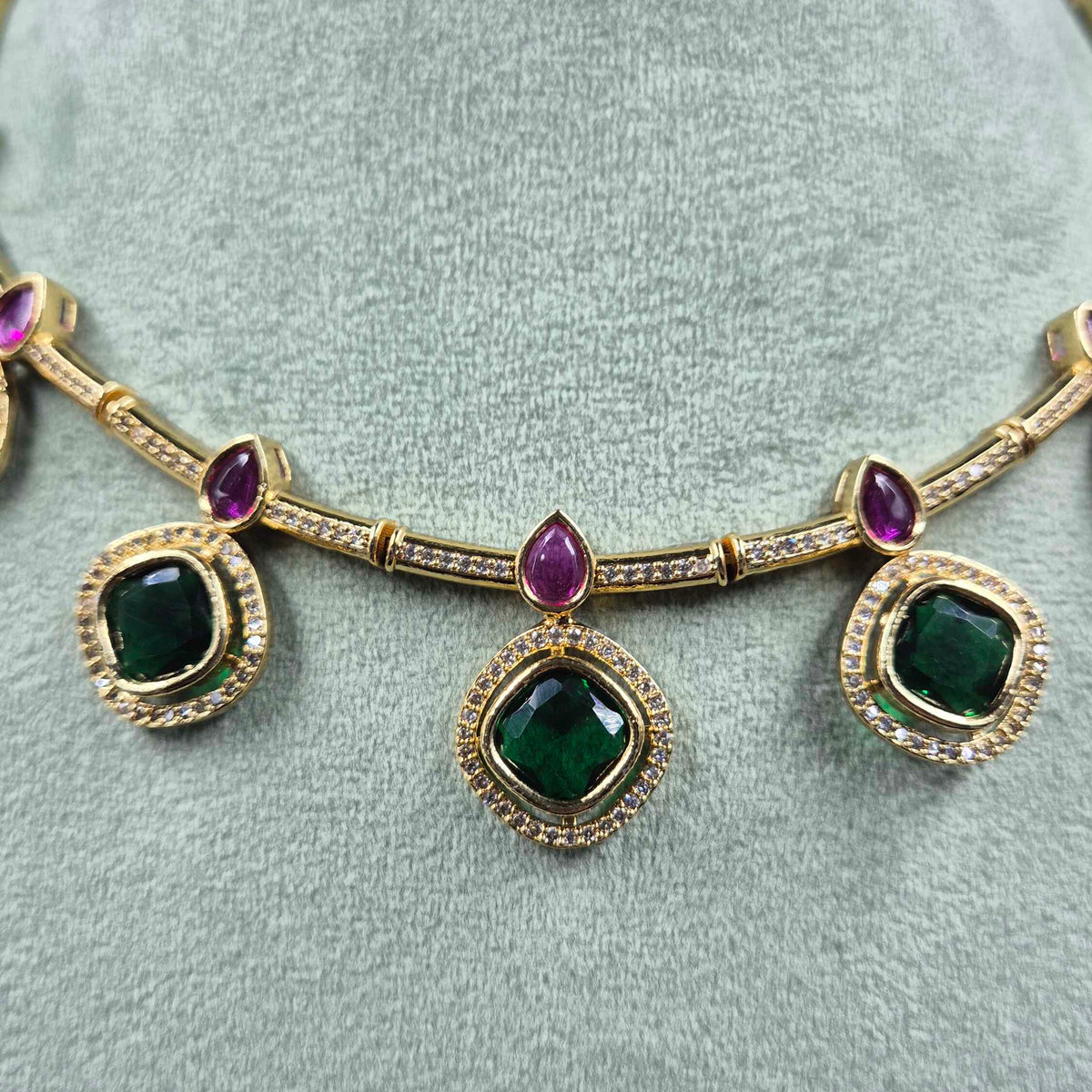 Emerald Green & Ruby CZ Bambpp Chain Necklace Set | Designer Jewellery