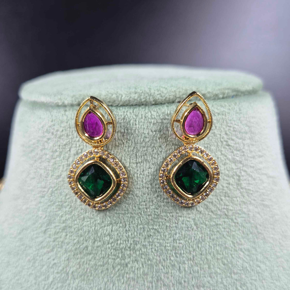 Emerald Green & Ruby CZ Bambpp Chain Necklace Set | Designer Jewellery
