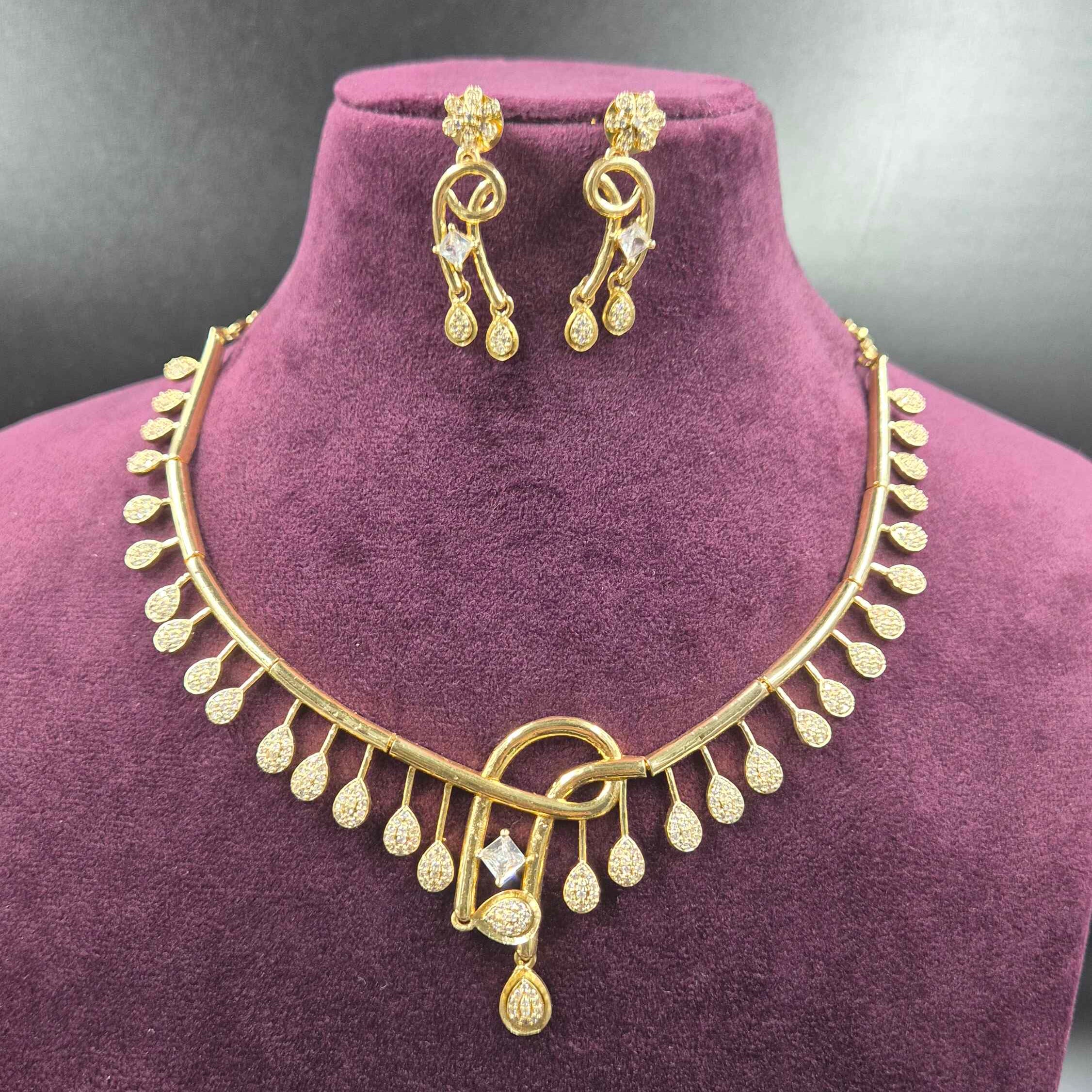 Diamond replica Elegant CZ Drop Necklace Set with Designer Earrings | Gold Finish Jewellery