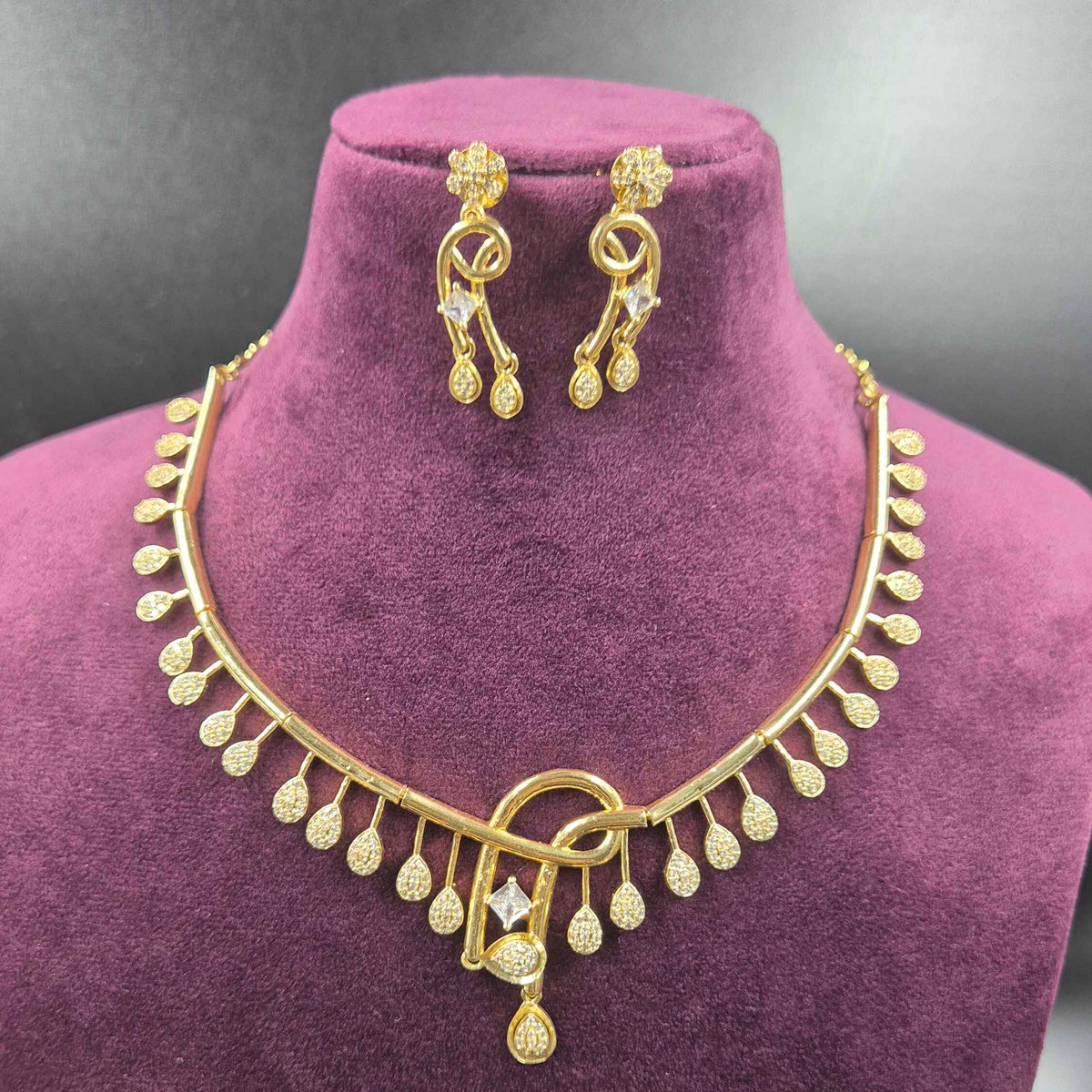 Diamond replica Elegant CZ Drop Necklace Set with Designer Earrings | Gold Finish Jewellery