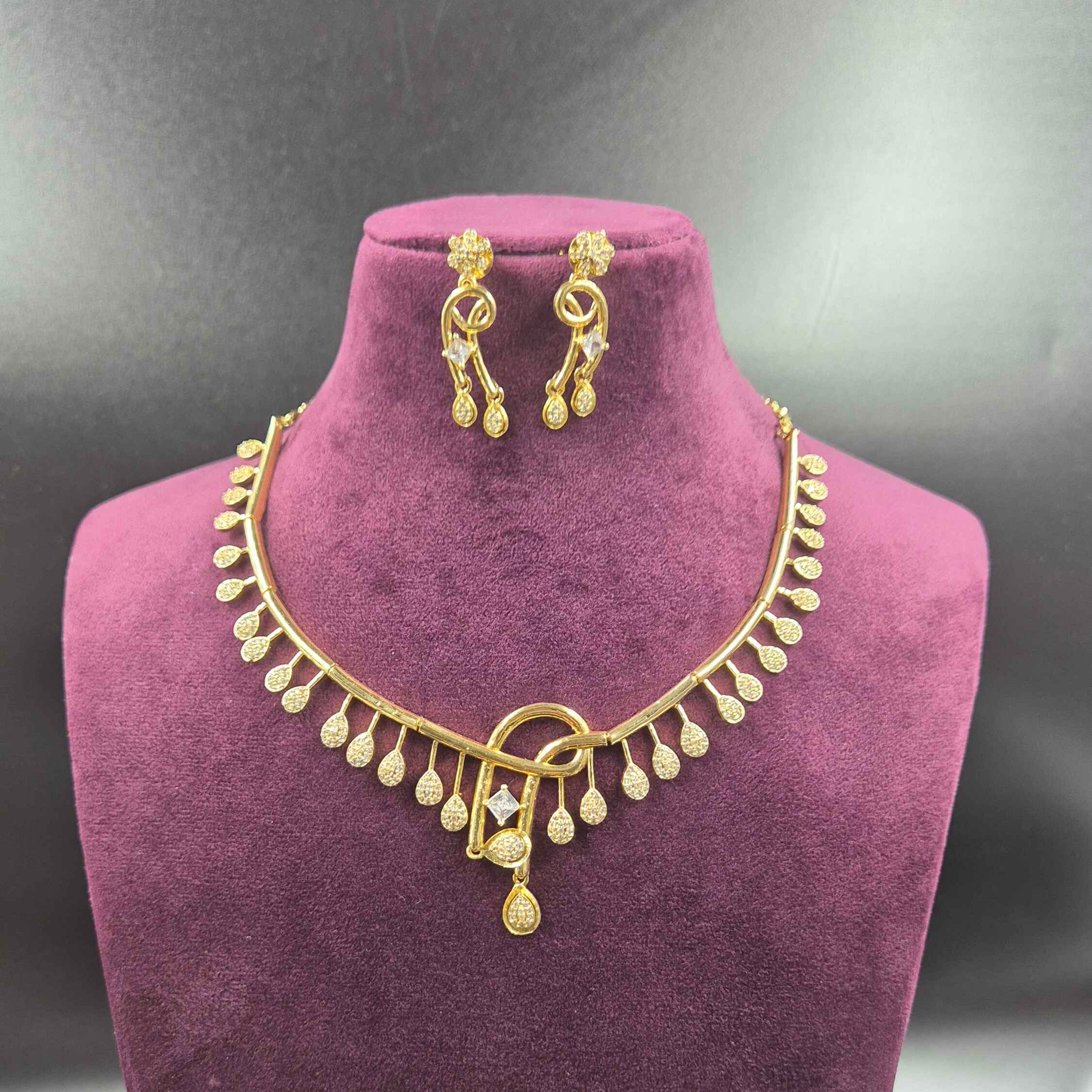 Diamond replica Elegant CZ Drop Necklace Set with Designer Earrings | Gold Finish Jewellery