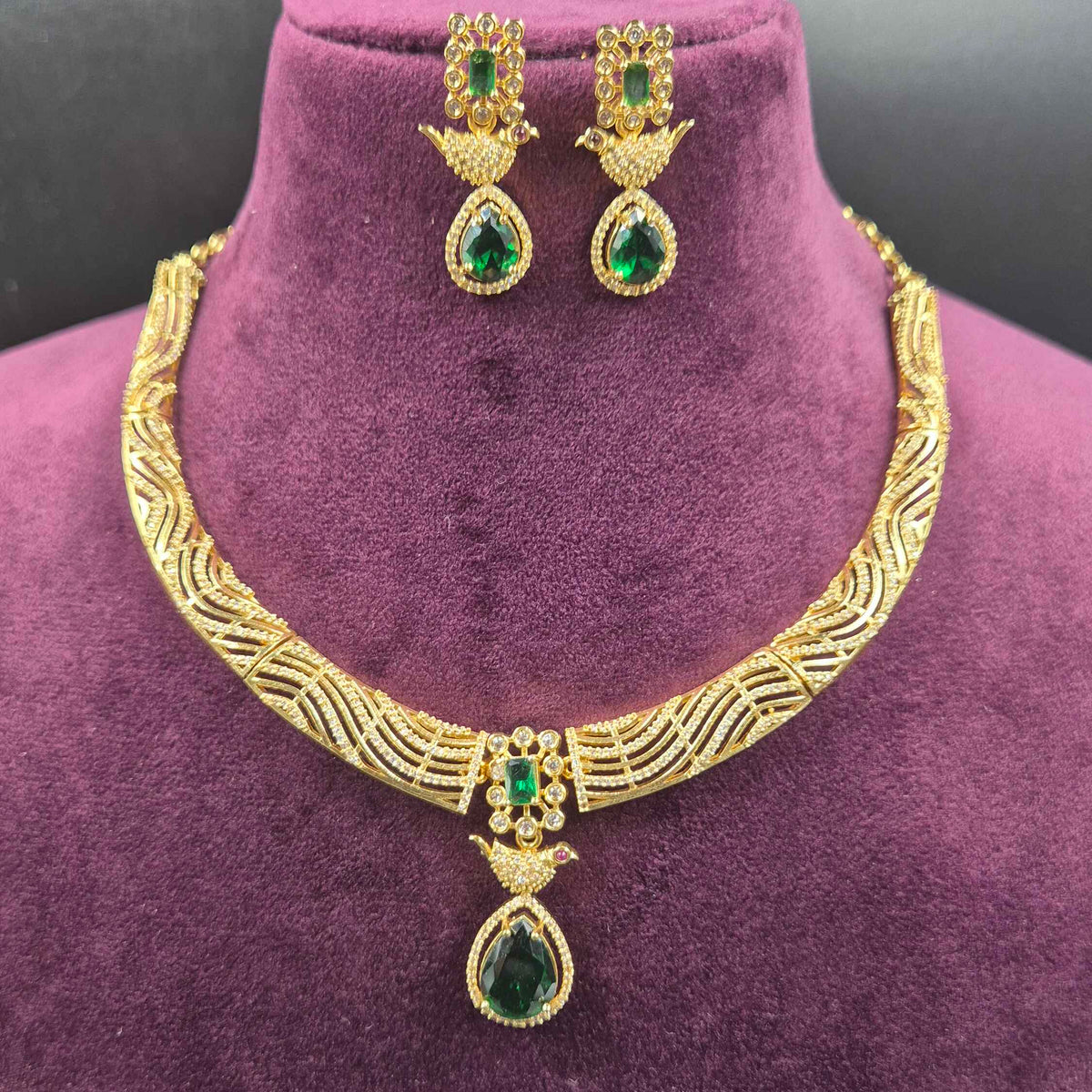 Green Emerald CZ Necklace Set with Bird Pendant & Earrings | Jeys Jewels