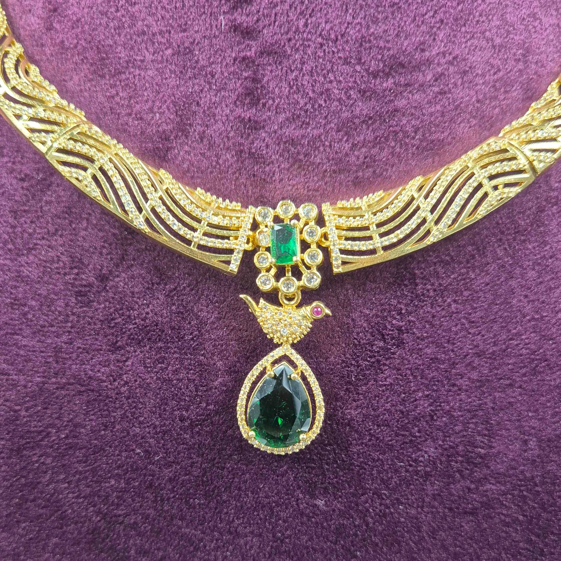 Green Emerald CZ Necklace Set with Bird Pendant & Earrings | Jeys Jewels