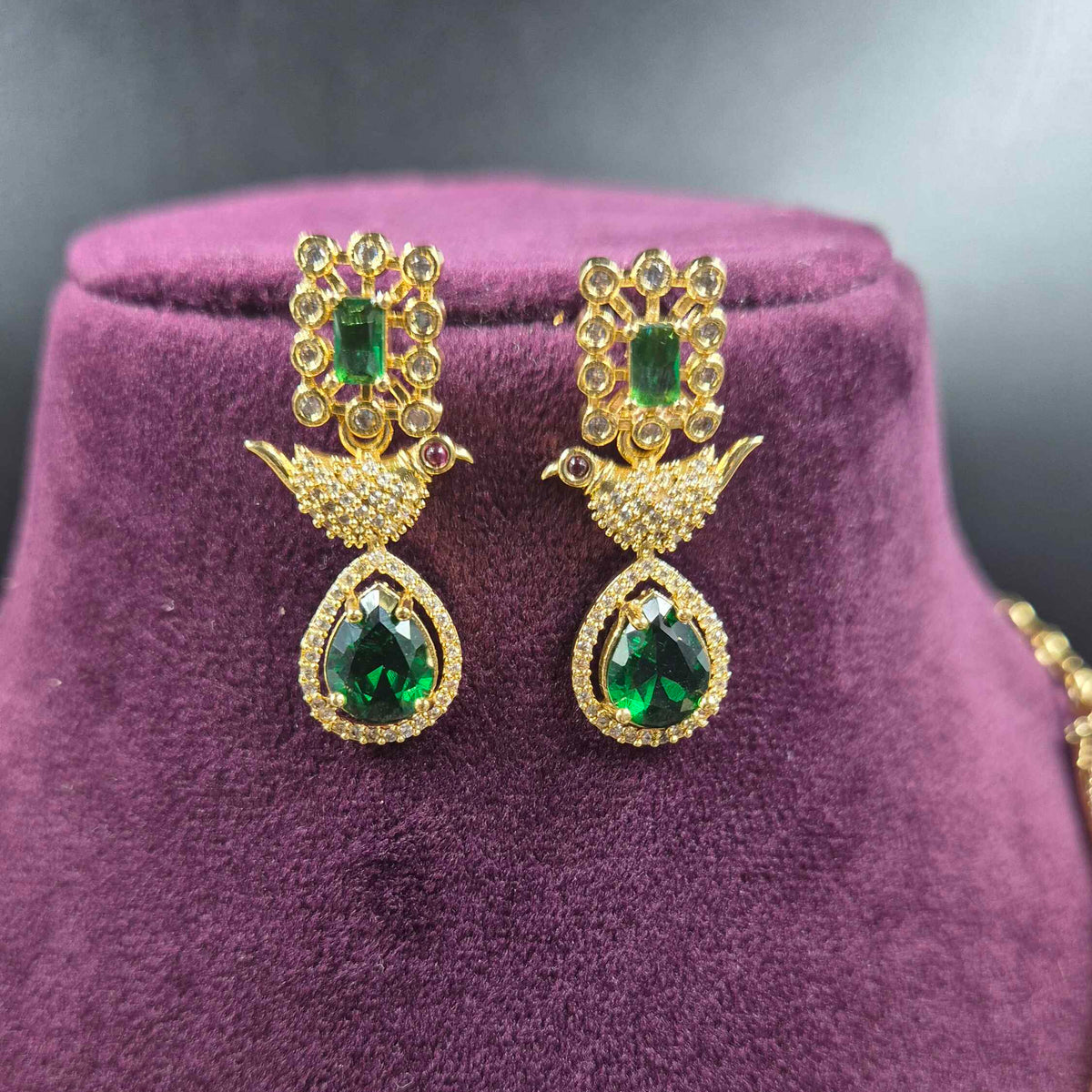 Green Emerald CZ Necklace Set with Bird Pendant & Earrings | Jeys Jewels