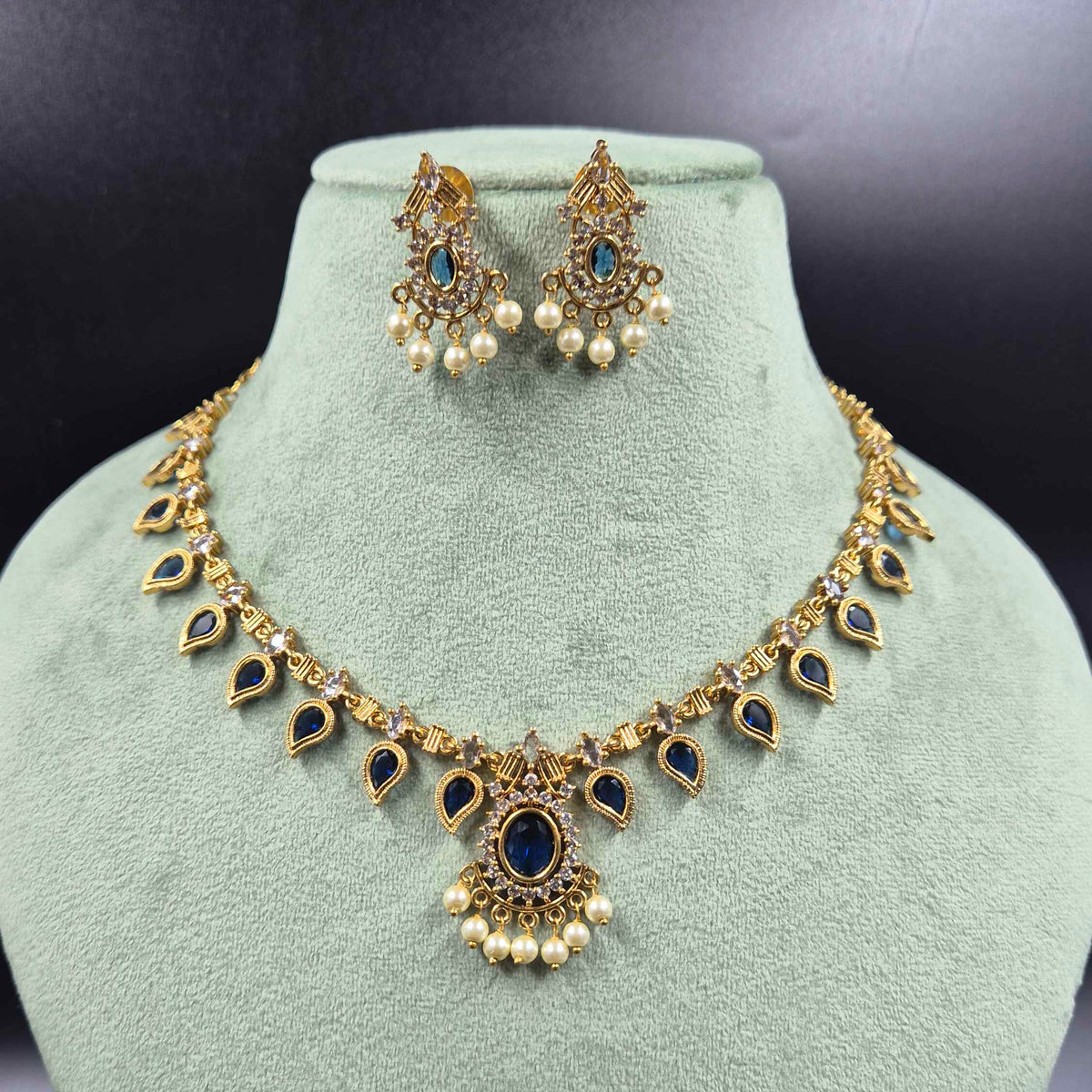 Royal Blue Kerala model necklace Set with Pearl Drops & Earrings | Jeys Jewels