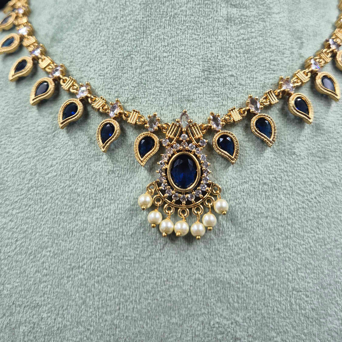 Royal Blue Kerala model necklace Set with Pearl Drops & Earrings | Jeys Jewels