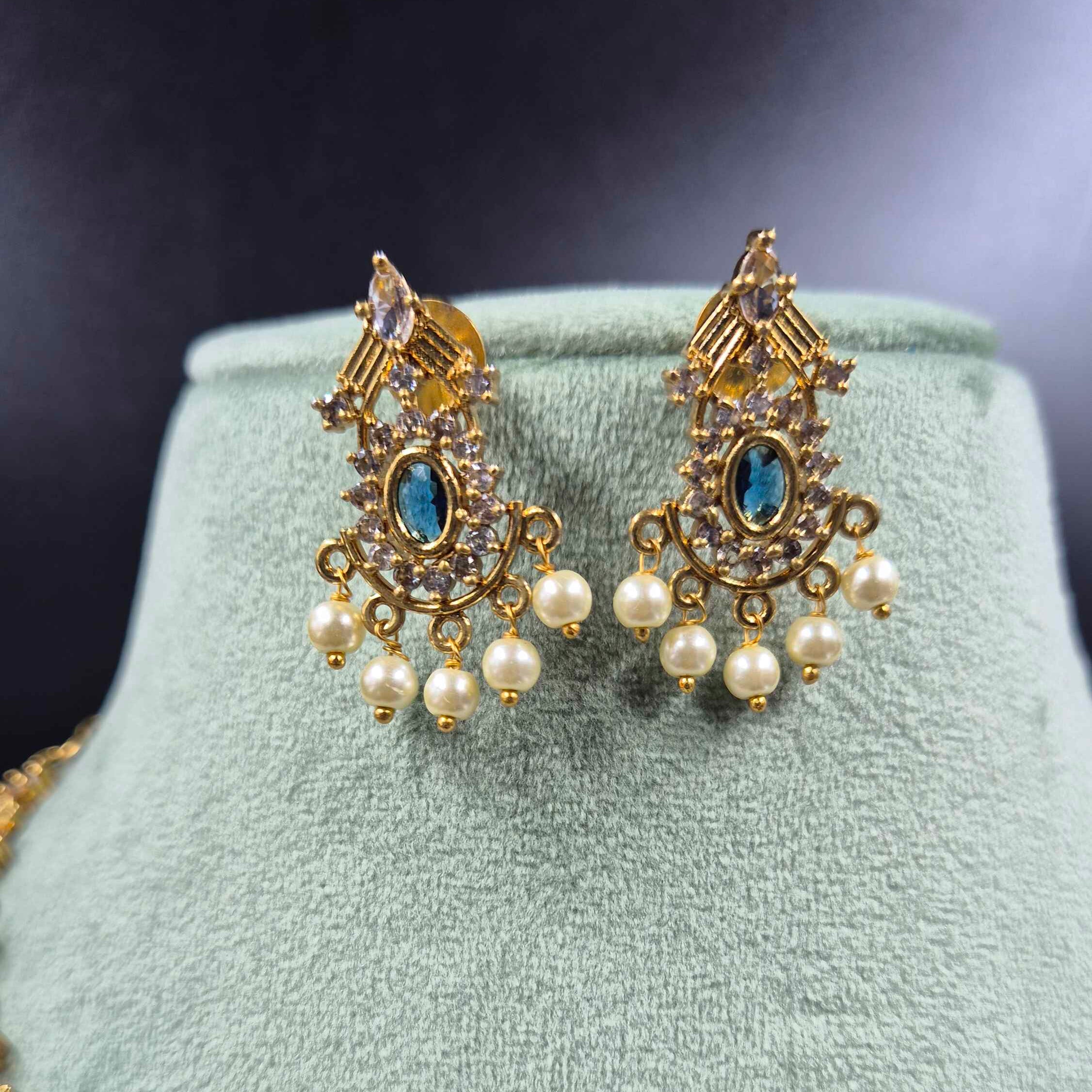 Royal Blue Kerala model necklace Set with Pearl Drops & Earrings | Jeys Jewels