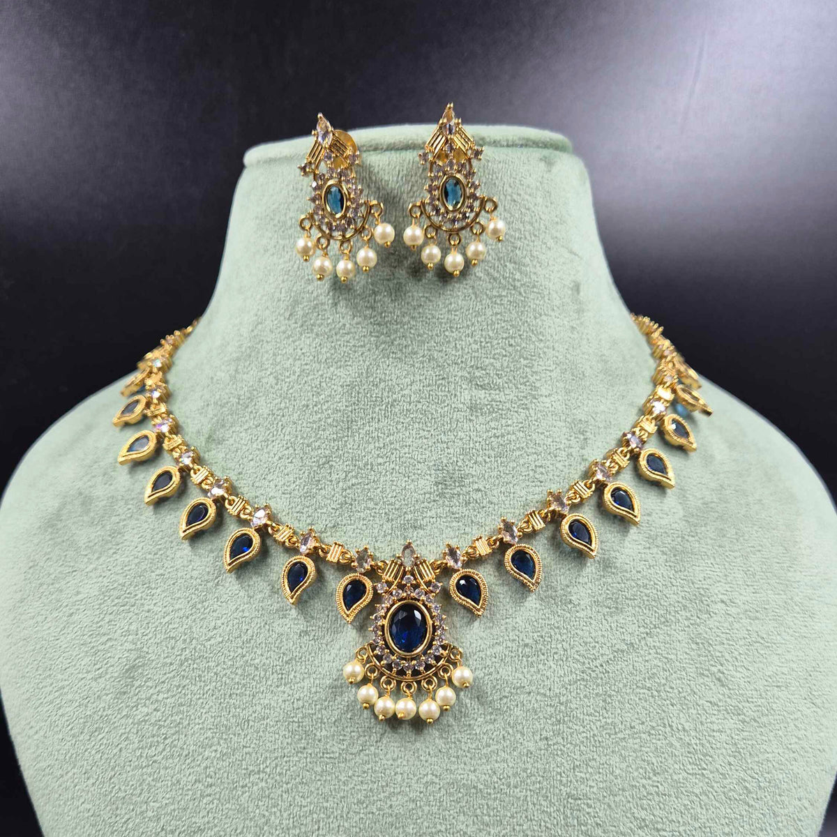 Royal Blue Kerala model necklace Set with Pearl Drops & Earrings | Jeys Jewels