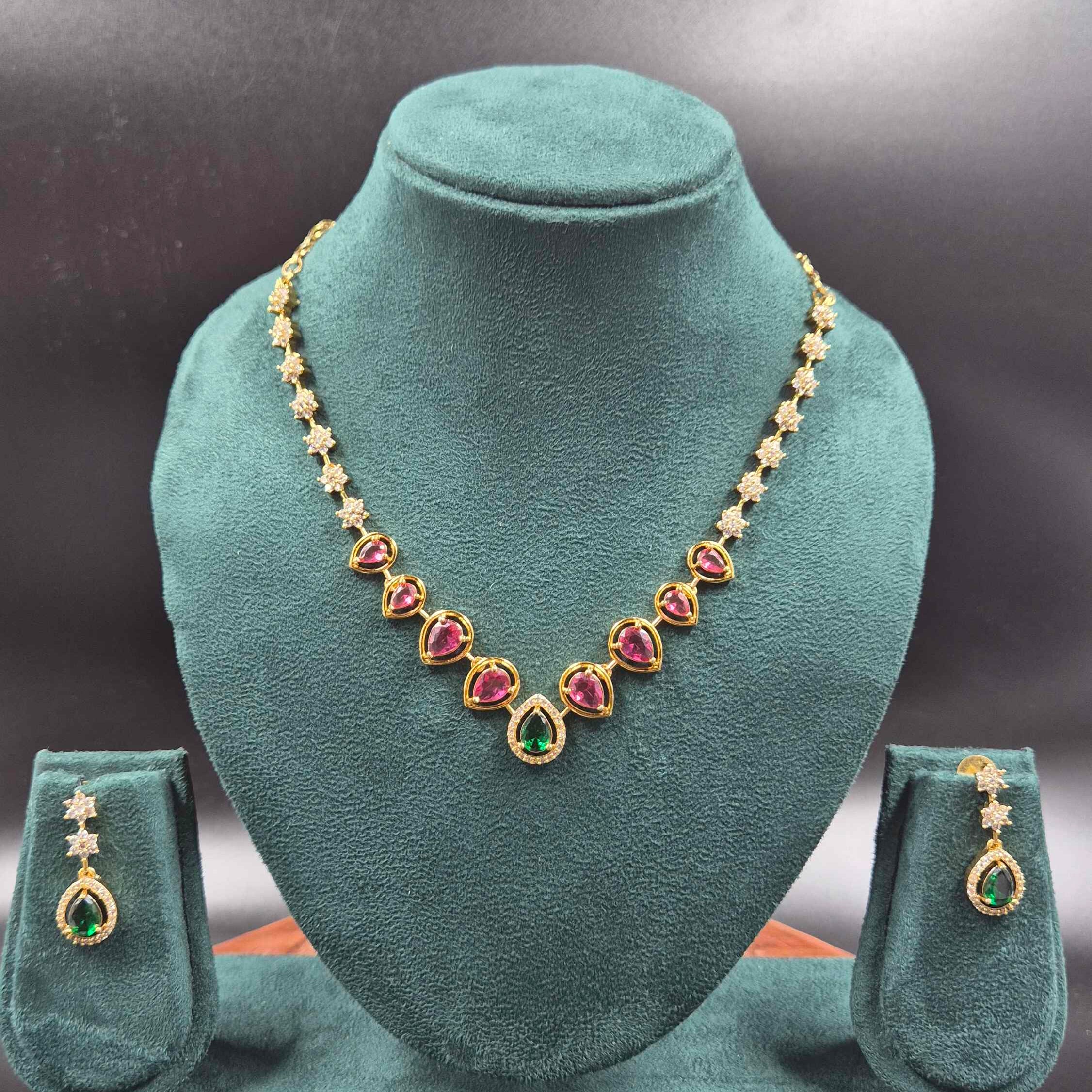Pink & Green CZ Designer Necklace Set with Matching Earrings | Jeys Jewels