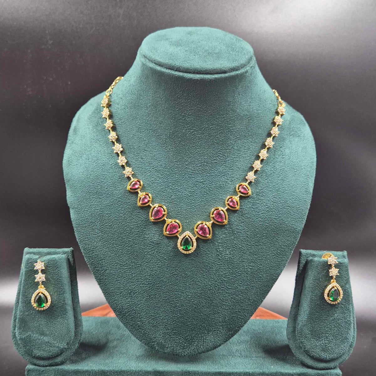 Pink & Green CZ Designer Necklace Set with Matching Earrings | Jeys Jewels