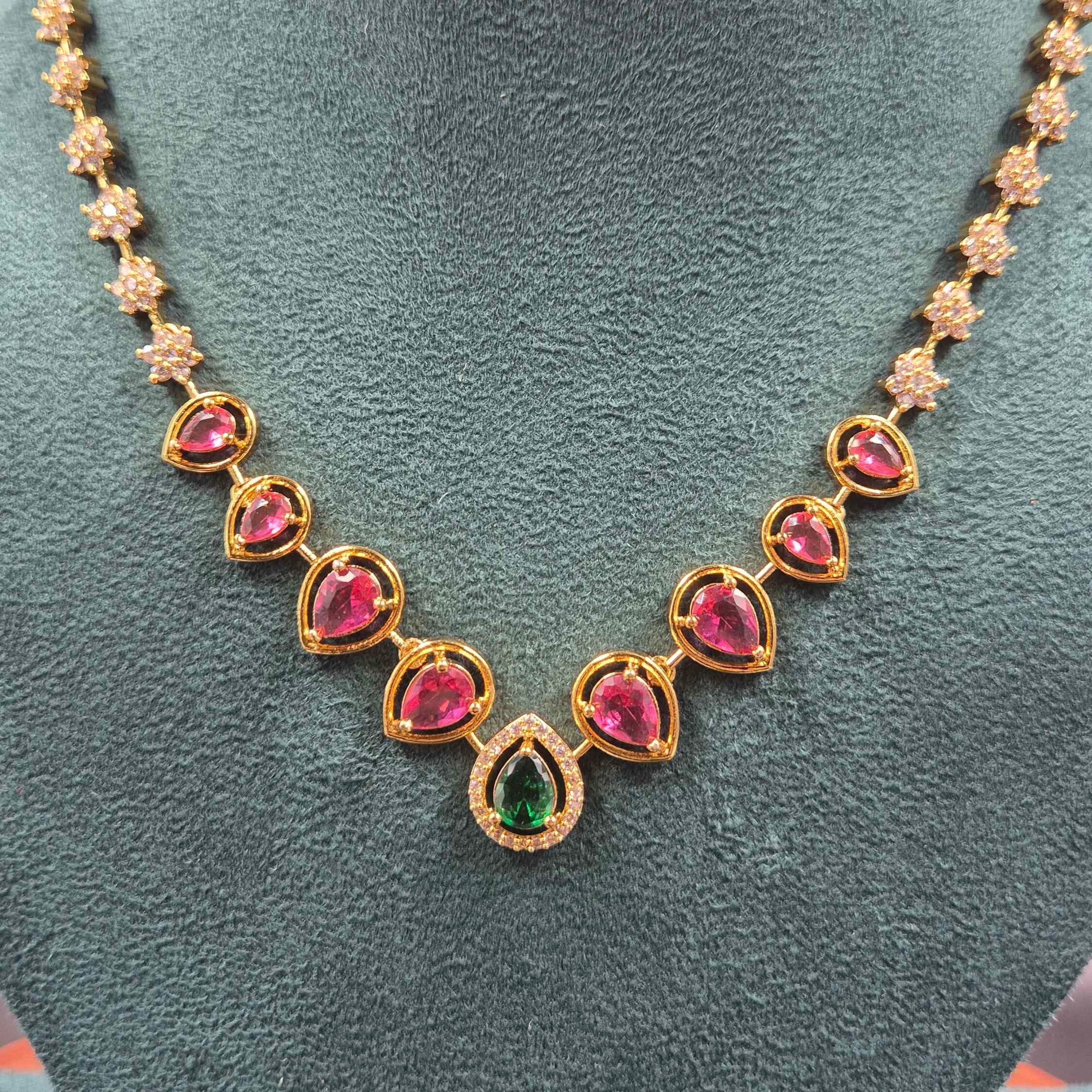 Pink & Green CZ Designer Necklace Set with Matching Earrings | Jeys Jewels