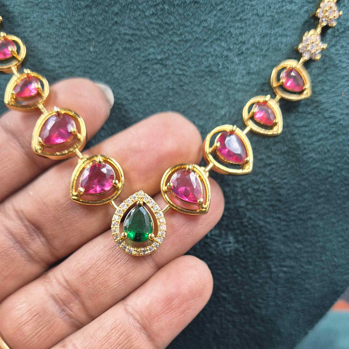 Pink & Green CZ Designer Necklace Set with Matching Earrings | Jeys Jewels