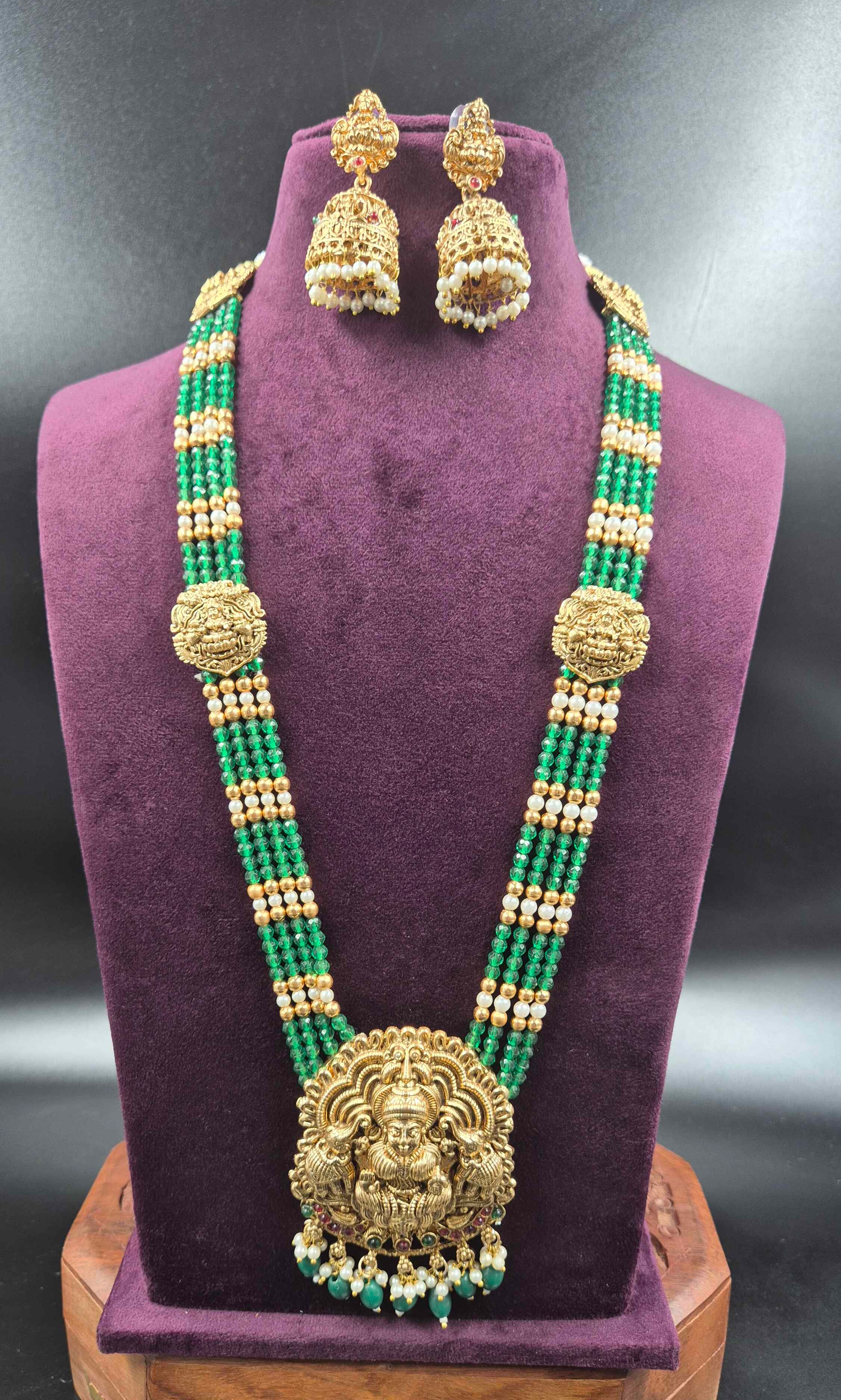 Green Beads Lakshmi Haram with Jhumka Earrings | Temple Jewellery