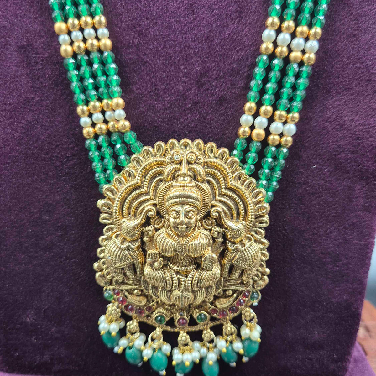 Green Beads Lakshmi Haram with Jhumka Earrings | Temple Jewellery