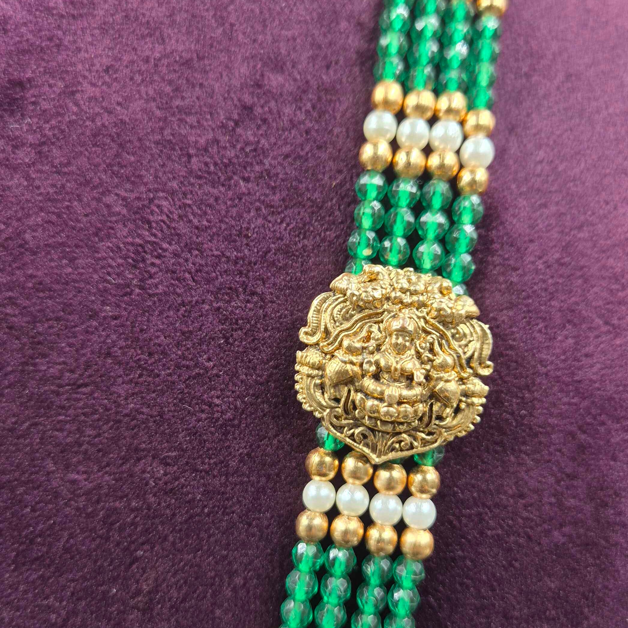 Green Beads Lakshmi Haram with Jhumka Earrings | Temple Jewellery