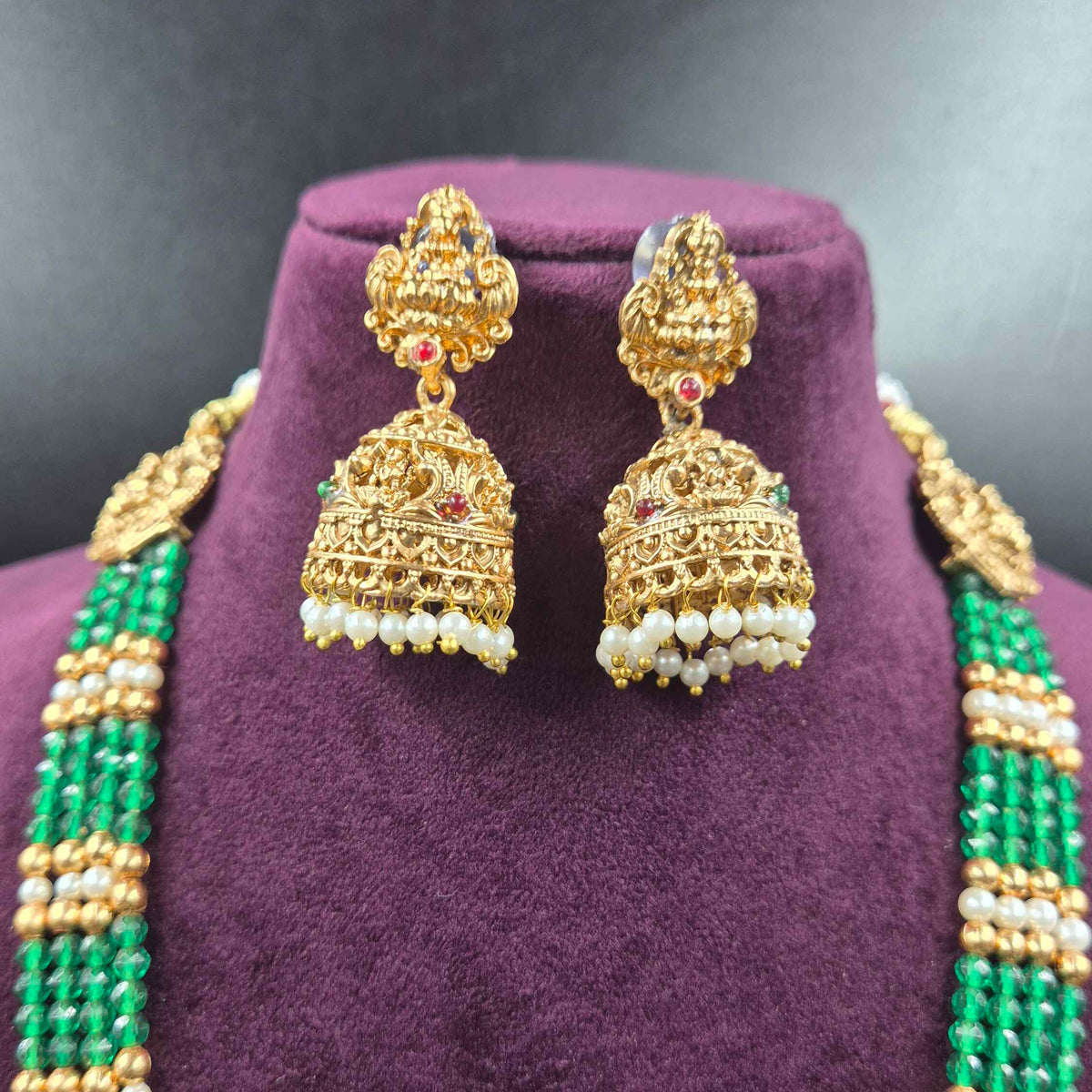 Green Beads Lakshmi Haram with Jhumka Earrings | Temple Jewellery