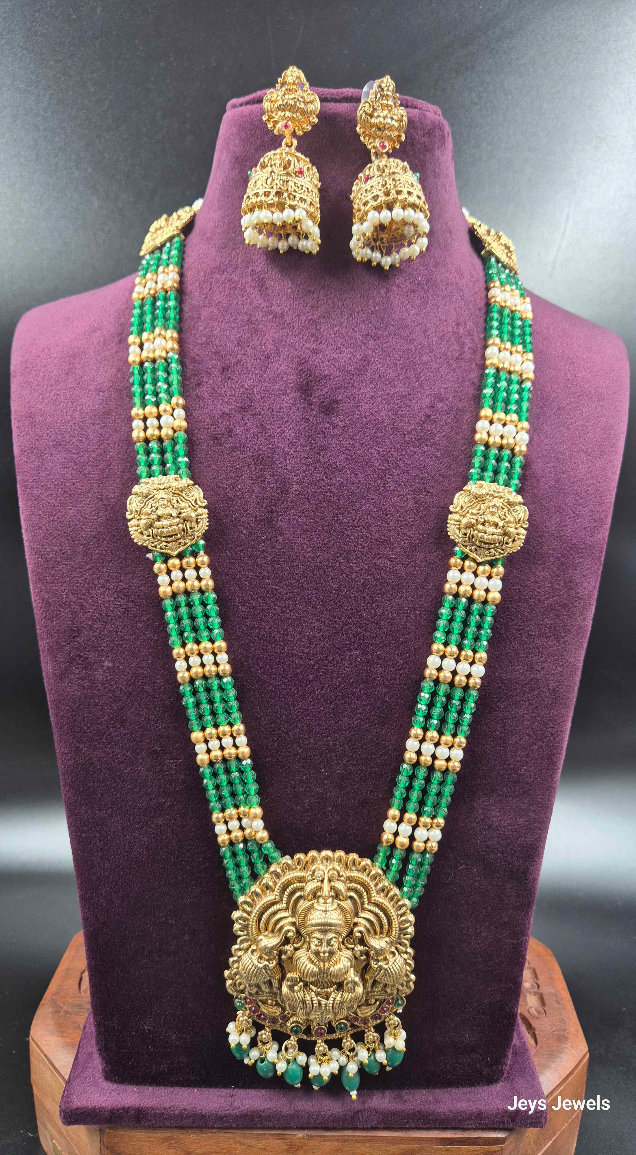 Green Beads Lakshmi Haram with Jhumka Earrings | Temple Jewellery