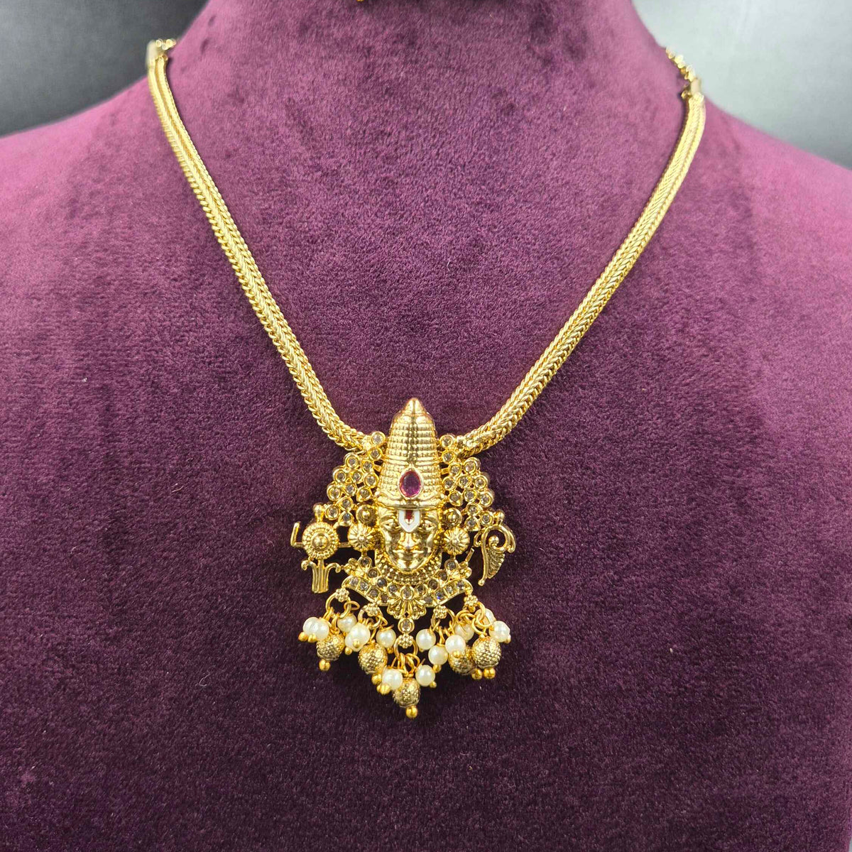 Perumal Face Temple Necklace with Pearl Drops | Traditional Jewellery