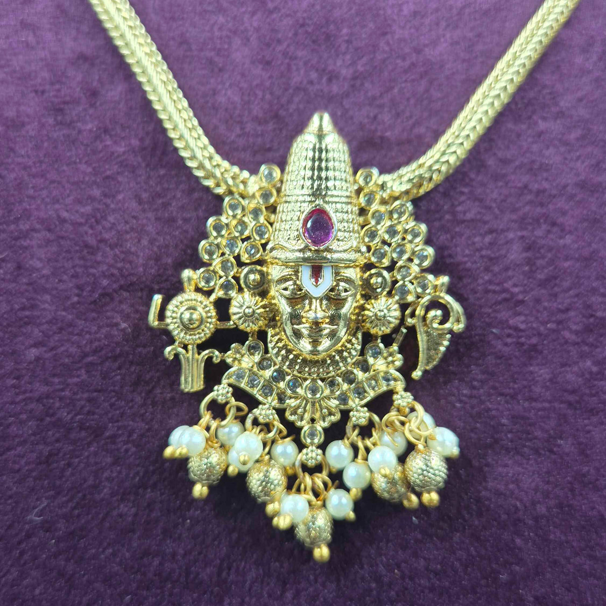 Perumal Face Temple Necklace with Pearl Drops | Traditional Jewellery