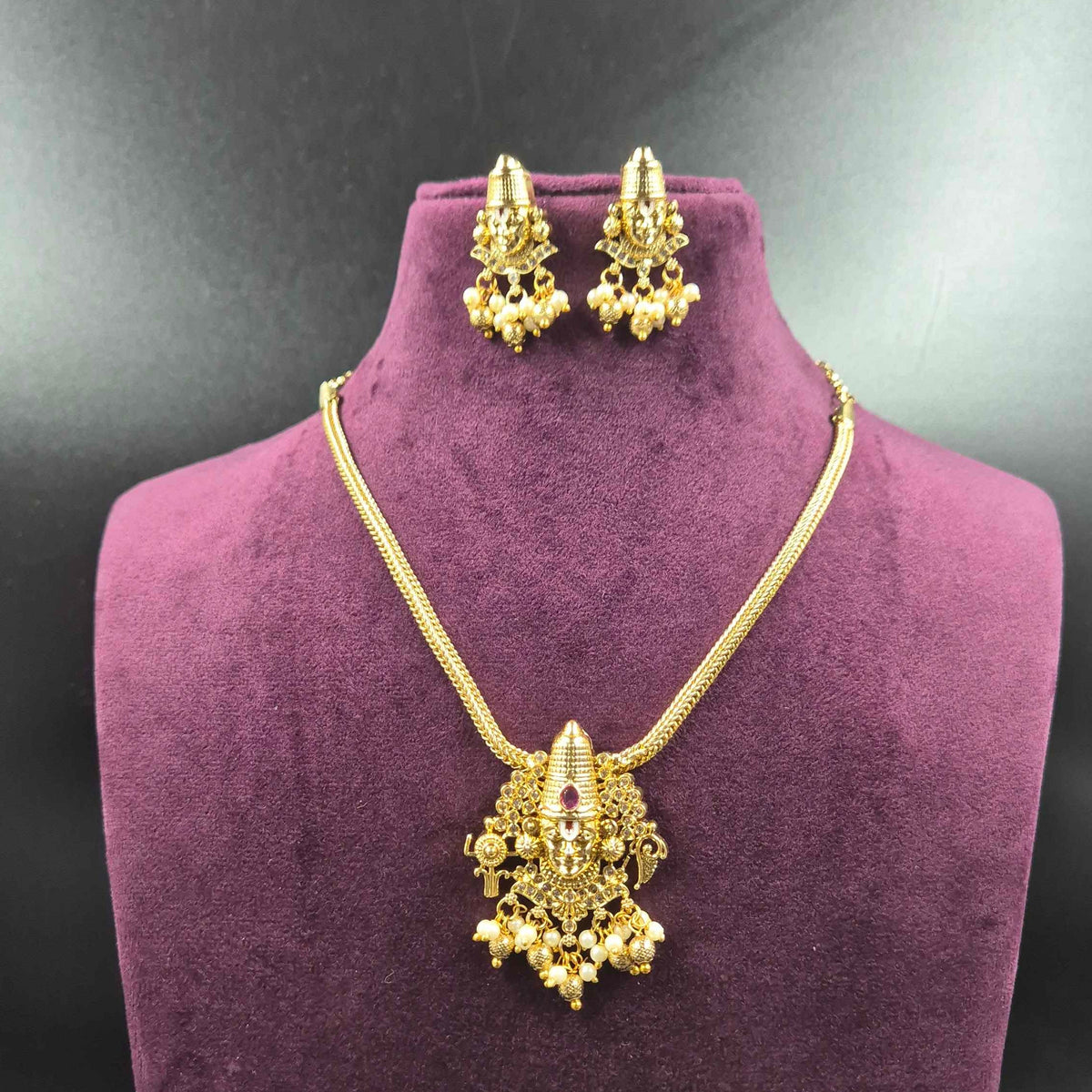 Perumal Face Temple Necklace with Pearl Drops | Traditional Jewellery