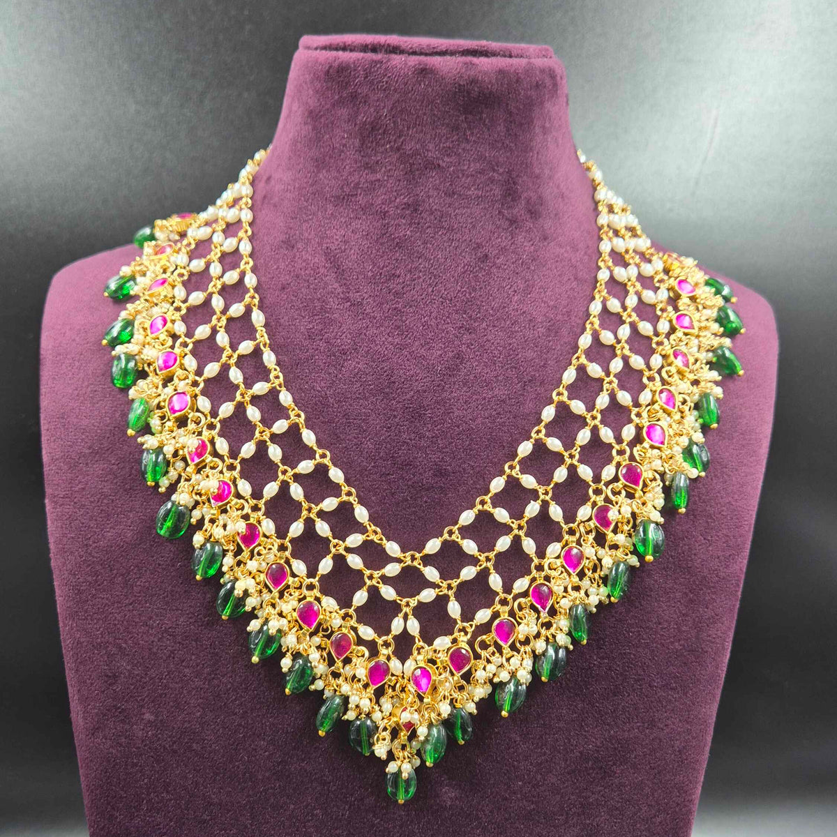 Statement piece-Ruby Green Beaded Layered Necklace | Designer Bridal Jewellery