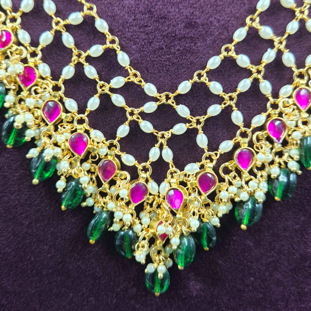 Statement piece-Ruby Green Beaded Layered Necklace | Designer Bridal Jewellery