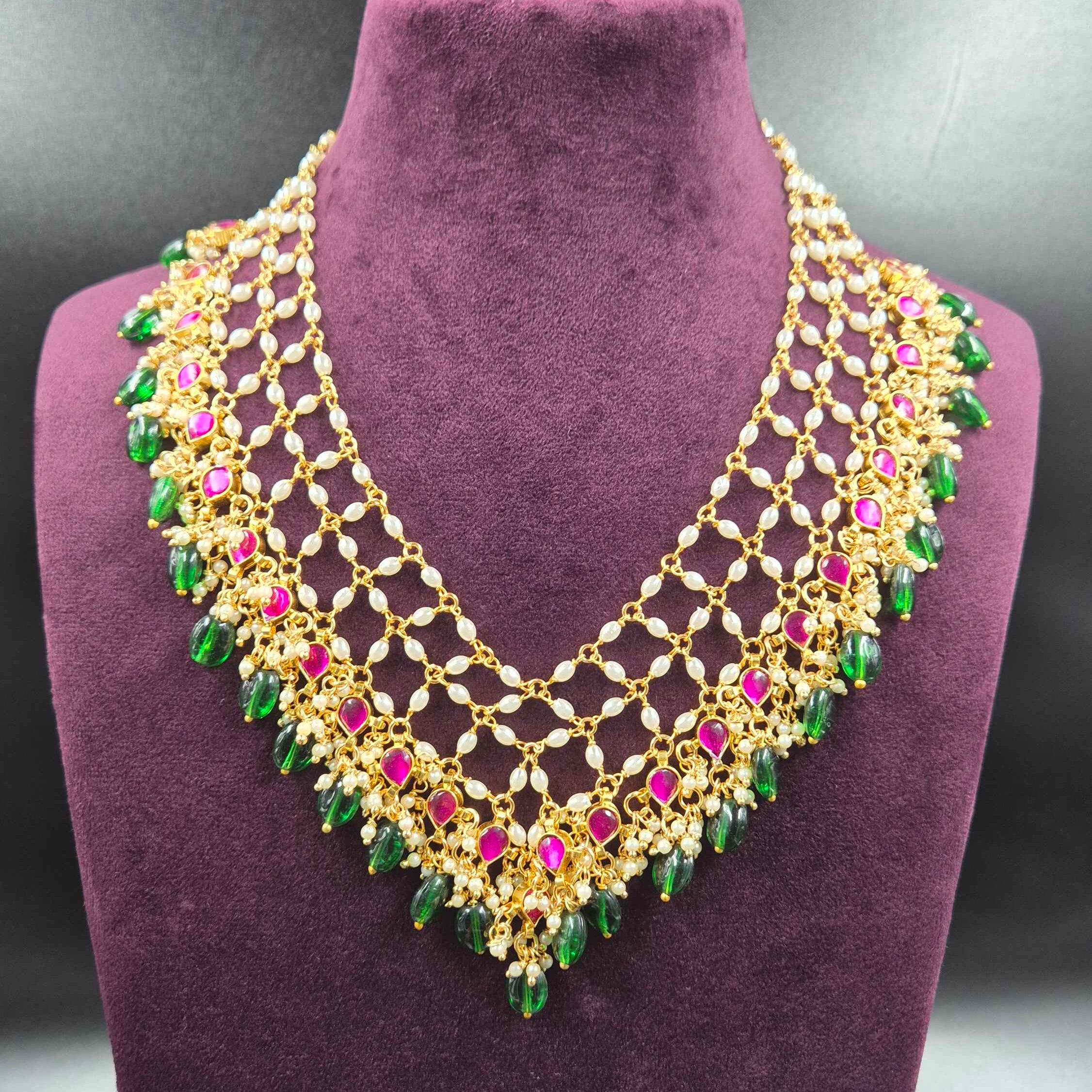 Statement piece-Ruby Green Beaded Layered Necklace | Designer Bridal Jewellery