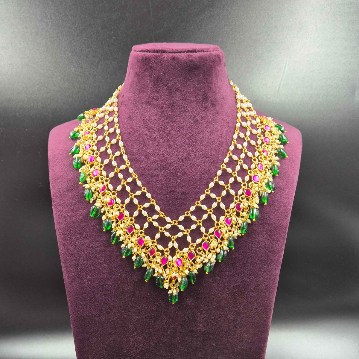Statement piece-Ruby Green Beaded Layered Necklace | Designer Bridal Jewellery