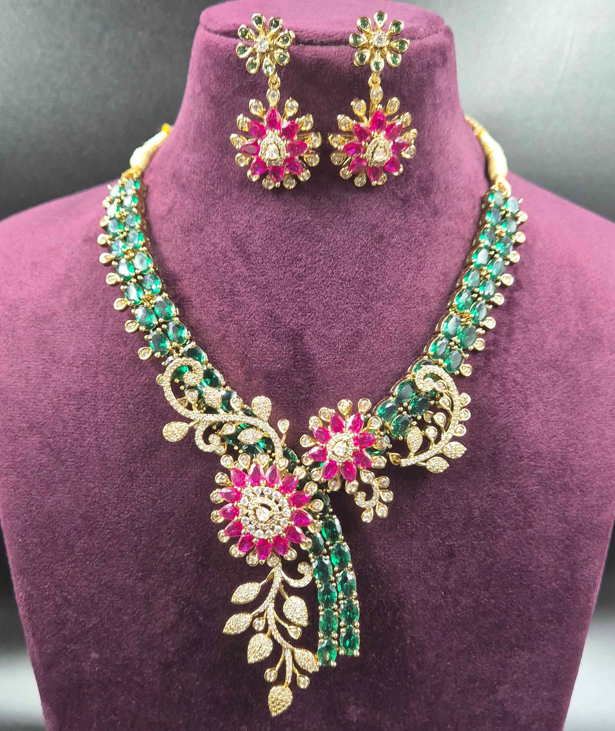 Designer AD Statement Necklace with Ruby & Emerald Green Stones | Bridal Jewellery