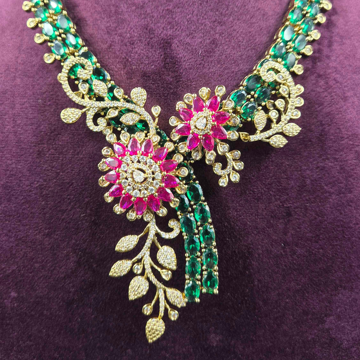Designer AD Statement Necklace with Ruby & Emerald Green Stones | Bridal Jewellery