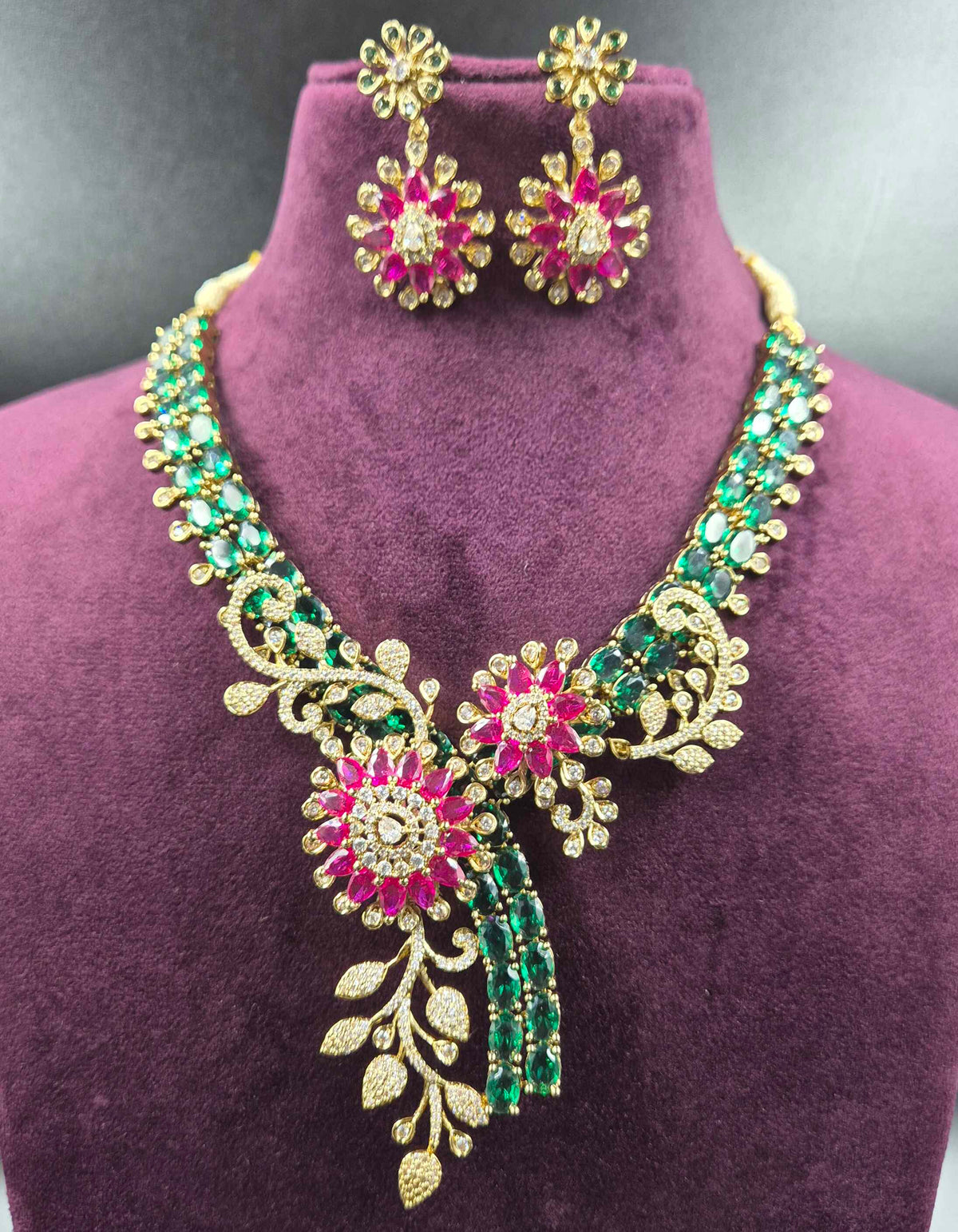 Designer AD Statement Necklace with Ruby & Emerald Green Stones | Bridal Jewellery
