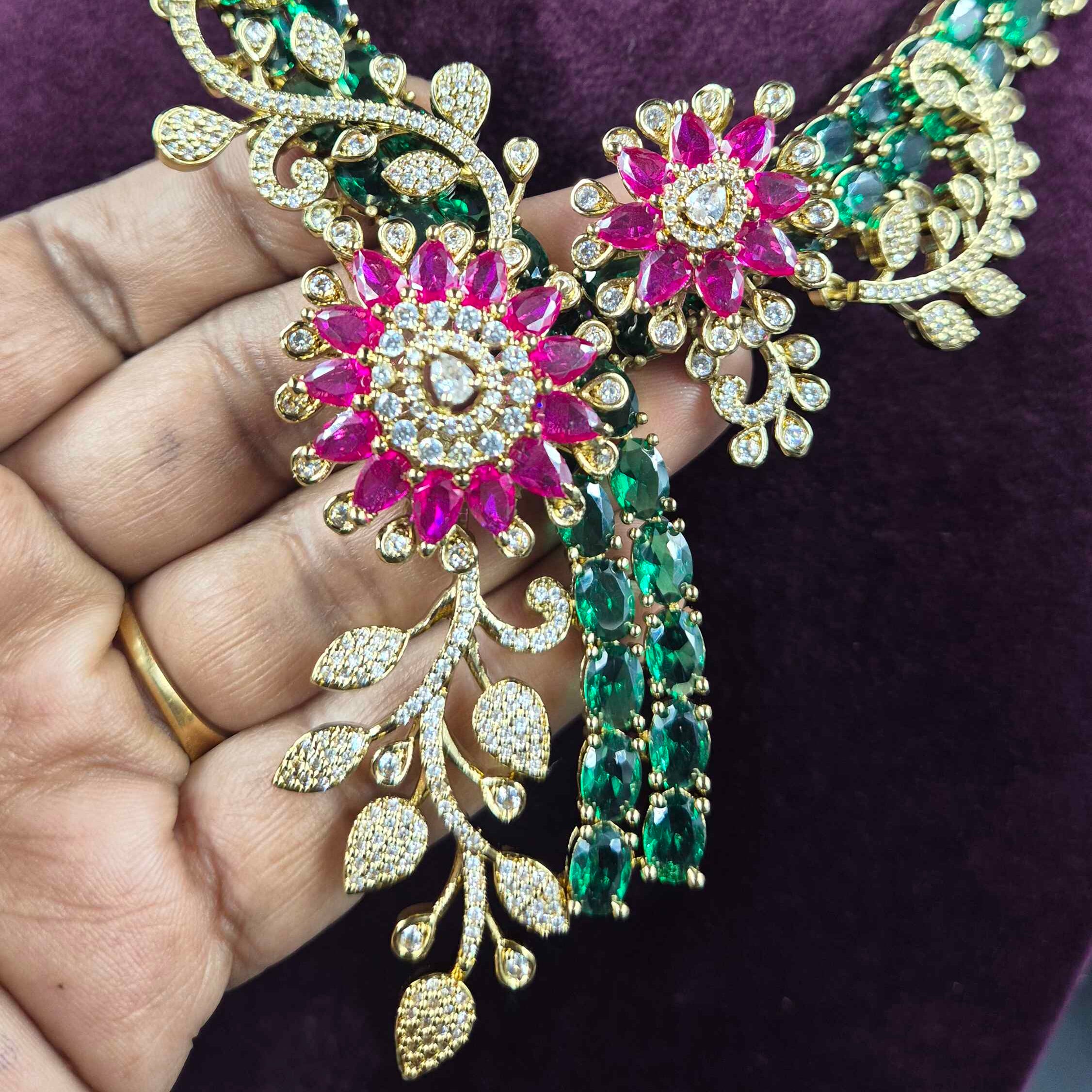 Designer AD Statement Necklace with Ruby & Emerald Green Stones | Bridal Jewellery