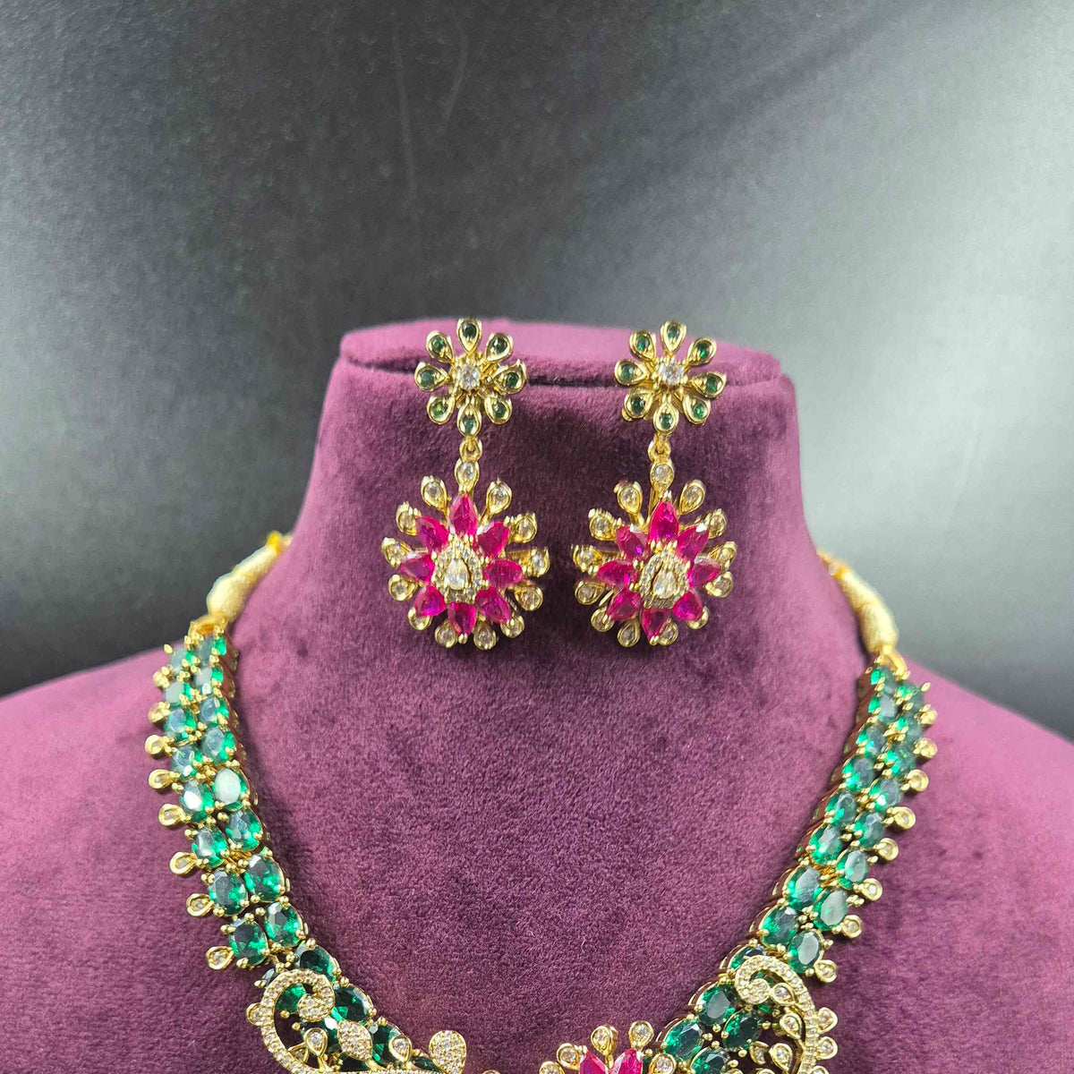 Designer AD Statement Necklace with Ruby & Emerald Green Stones | Bridal Jewellery