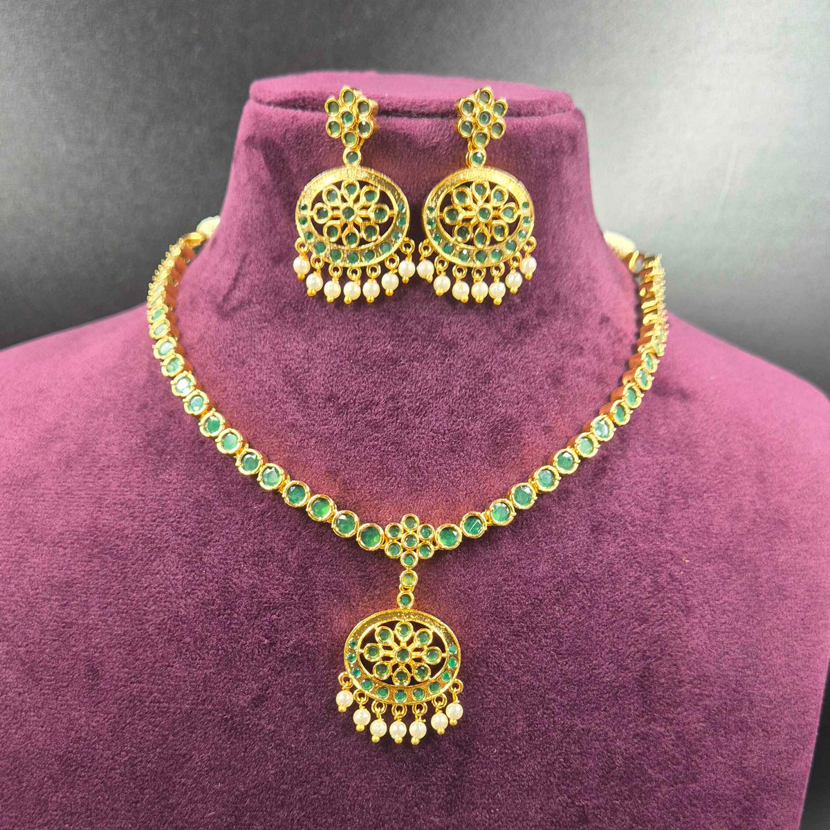 Vintage Attigai Model Necklace with Green Stones & Pearl Drops | Traditional Jewellery