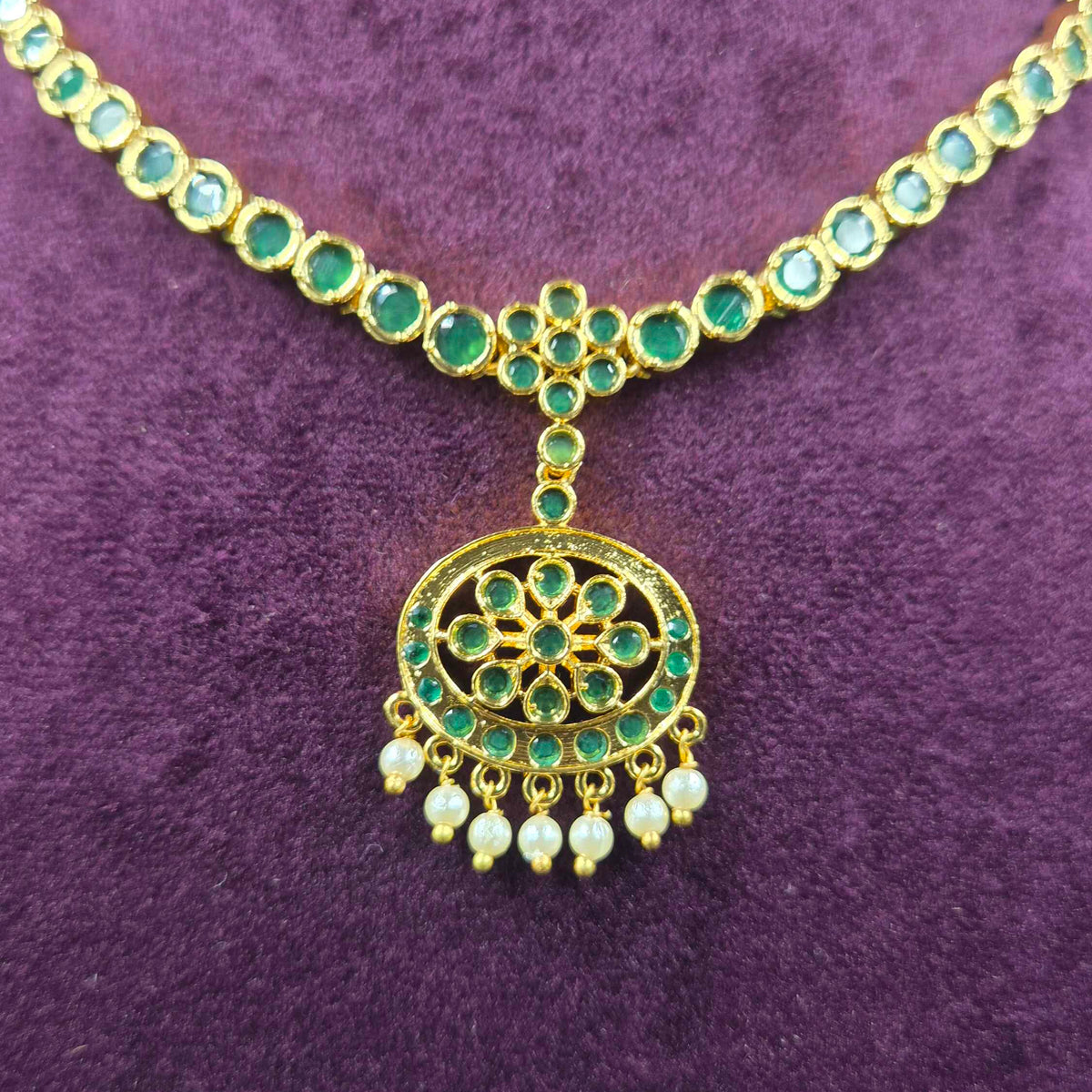 Vintage Attigai Model Necklace with Green Stones & Pearl Drops | Traditional Jewellery