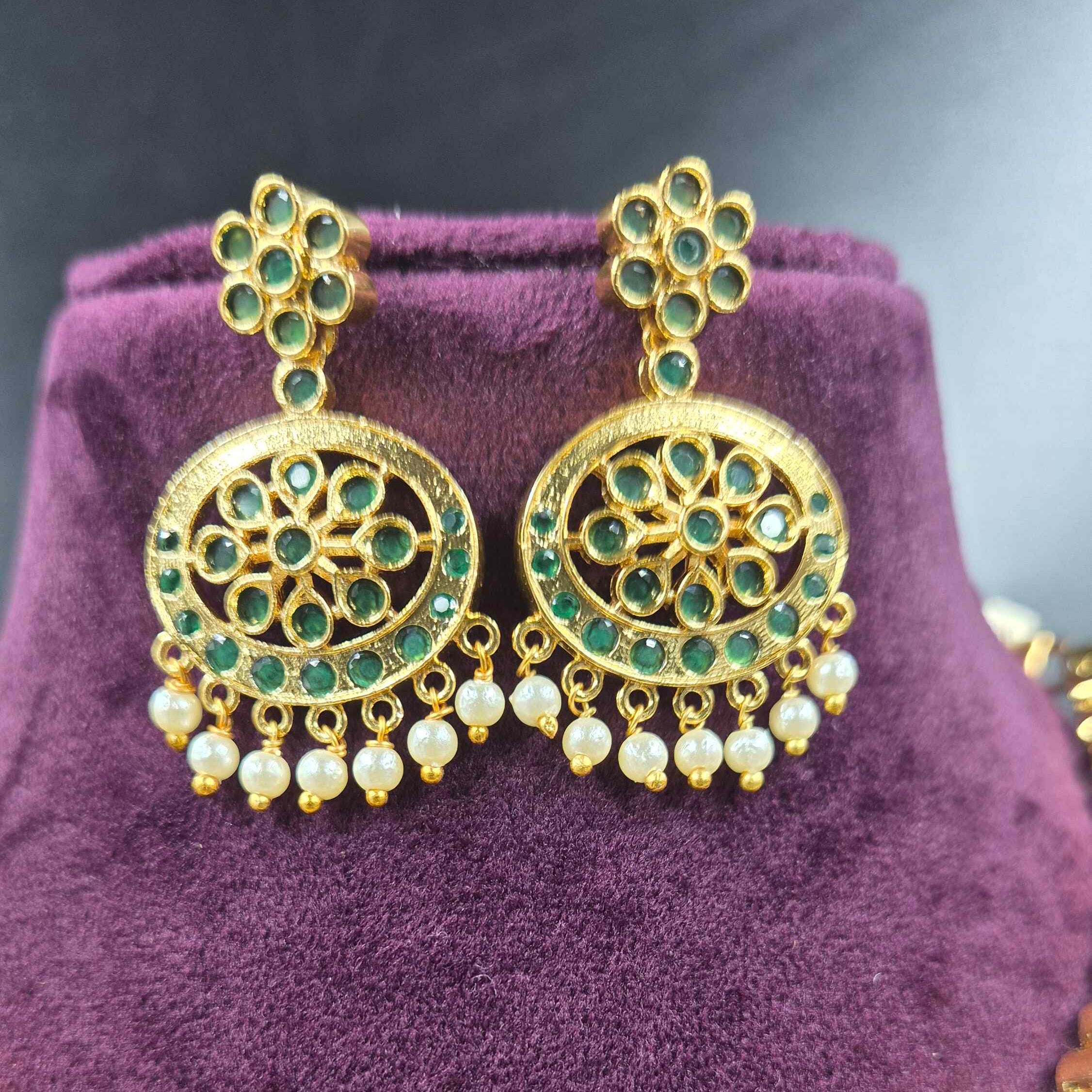Vintage Attigai Model Necklace with Green Stones & Pearl Drops | Traditional Jewellery