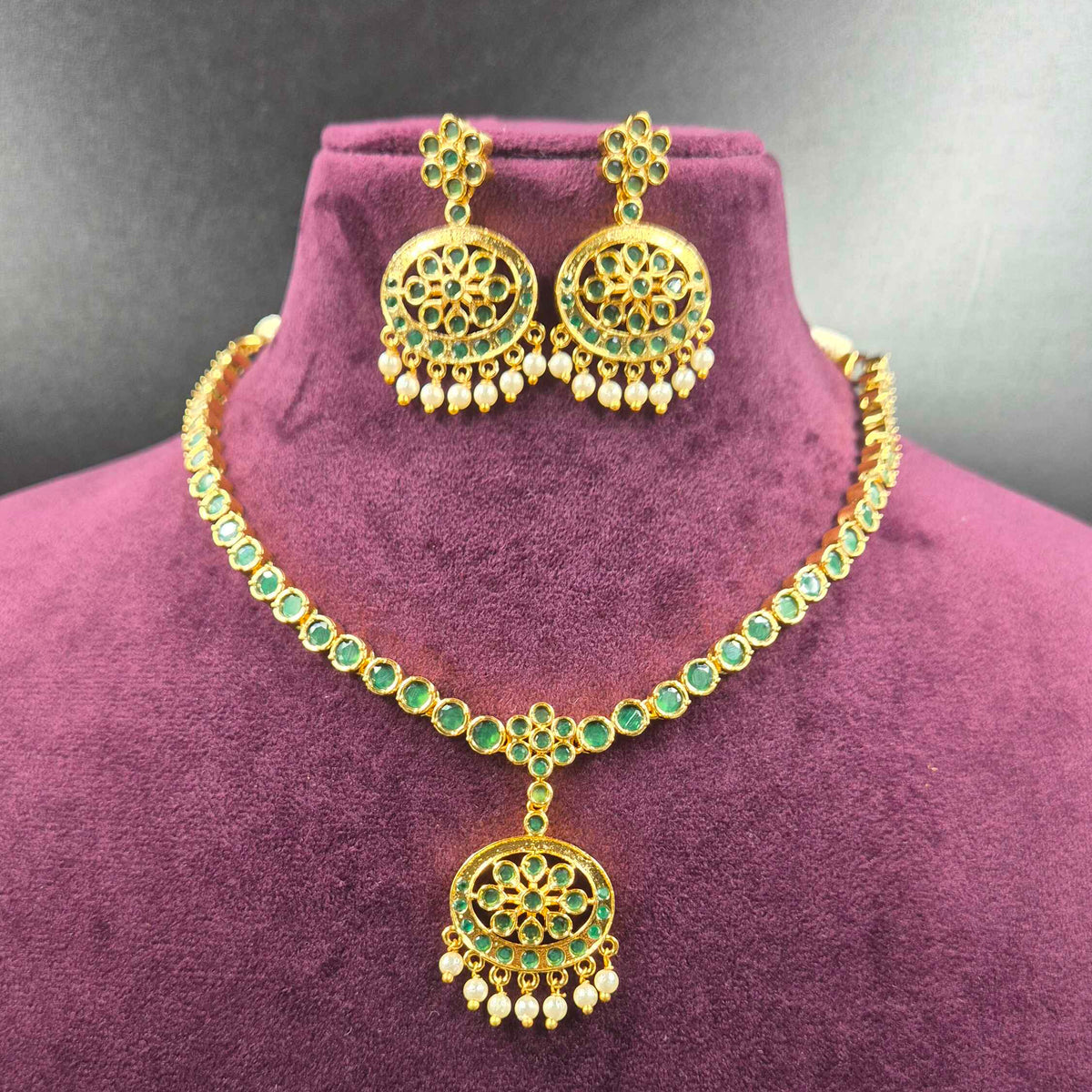 Vintage Attigai Model Necklace with Green Stones & Pearl Drops | Traditional Jewellery