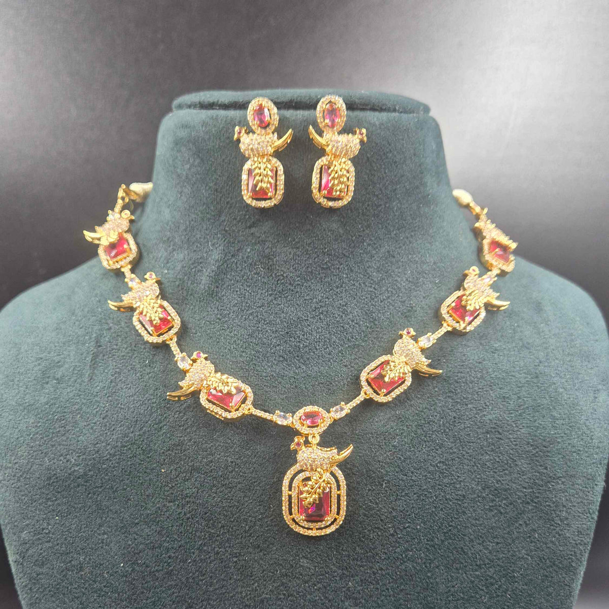 Ruby Peacock Designer Necklace Set | CZ Stone Jewellery