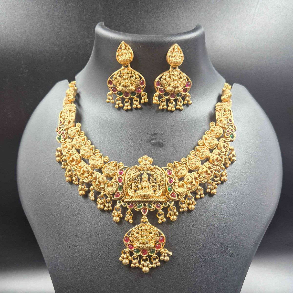 Premium Lakshmi Nakashi Necklace Set | Ruby Emerald Temple Jewellery