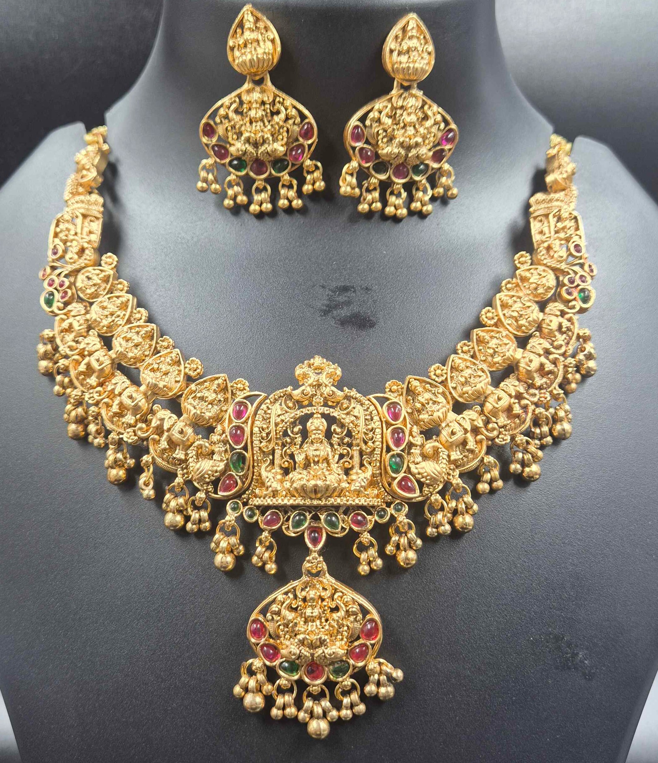 Premium Lakshmi Nakashi Necklace Set | Ruby Emerald Temple Jewellery