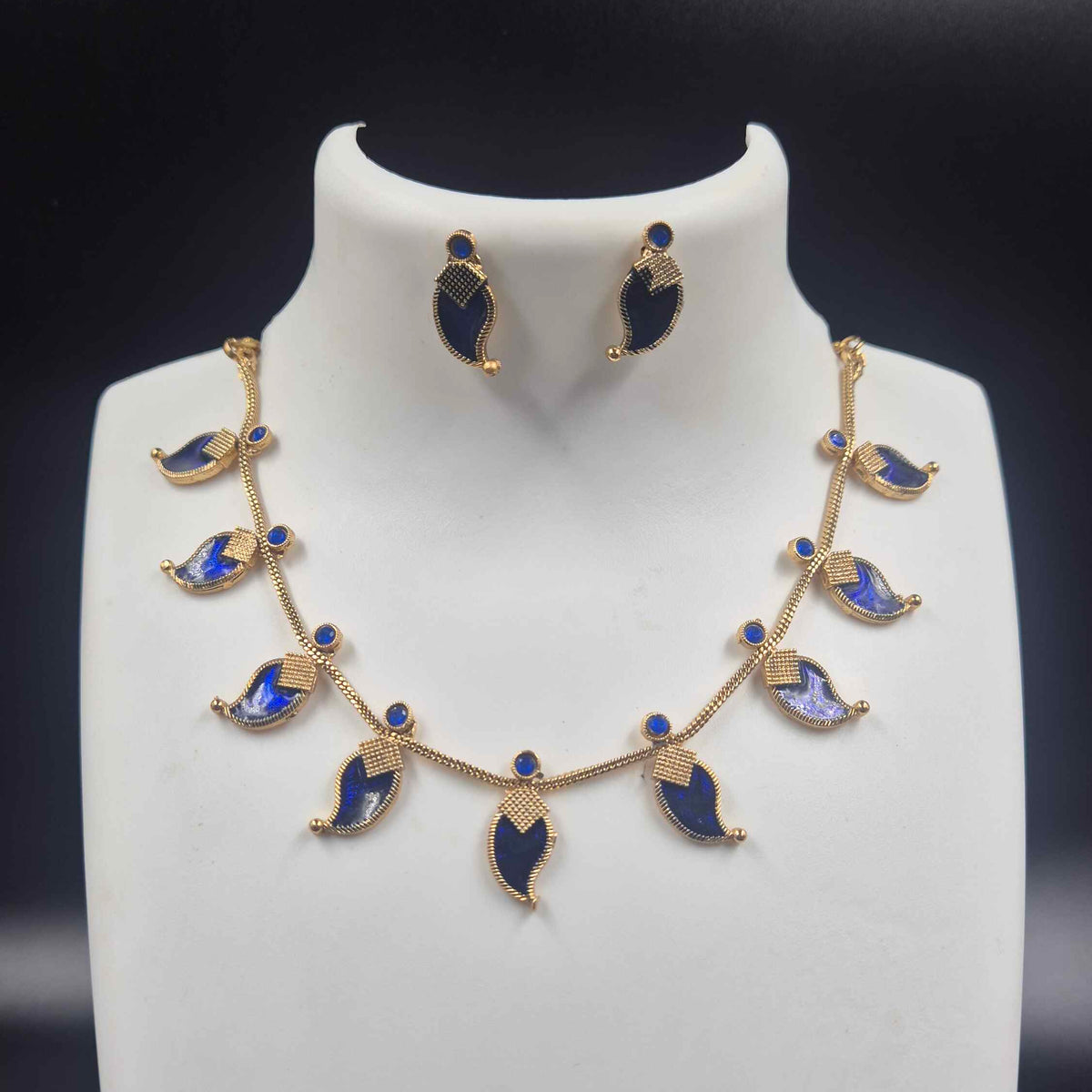 Royal Blue Leaf Necklace Set | Elegant Blue Designer Jewellery Set