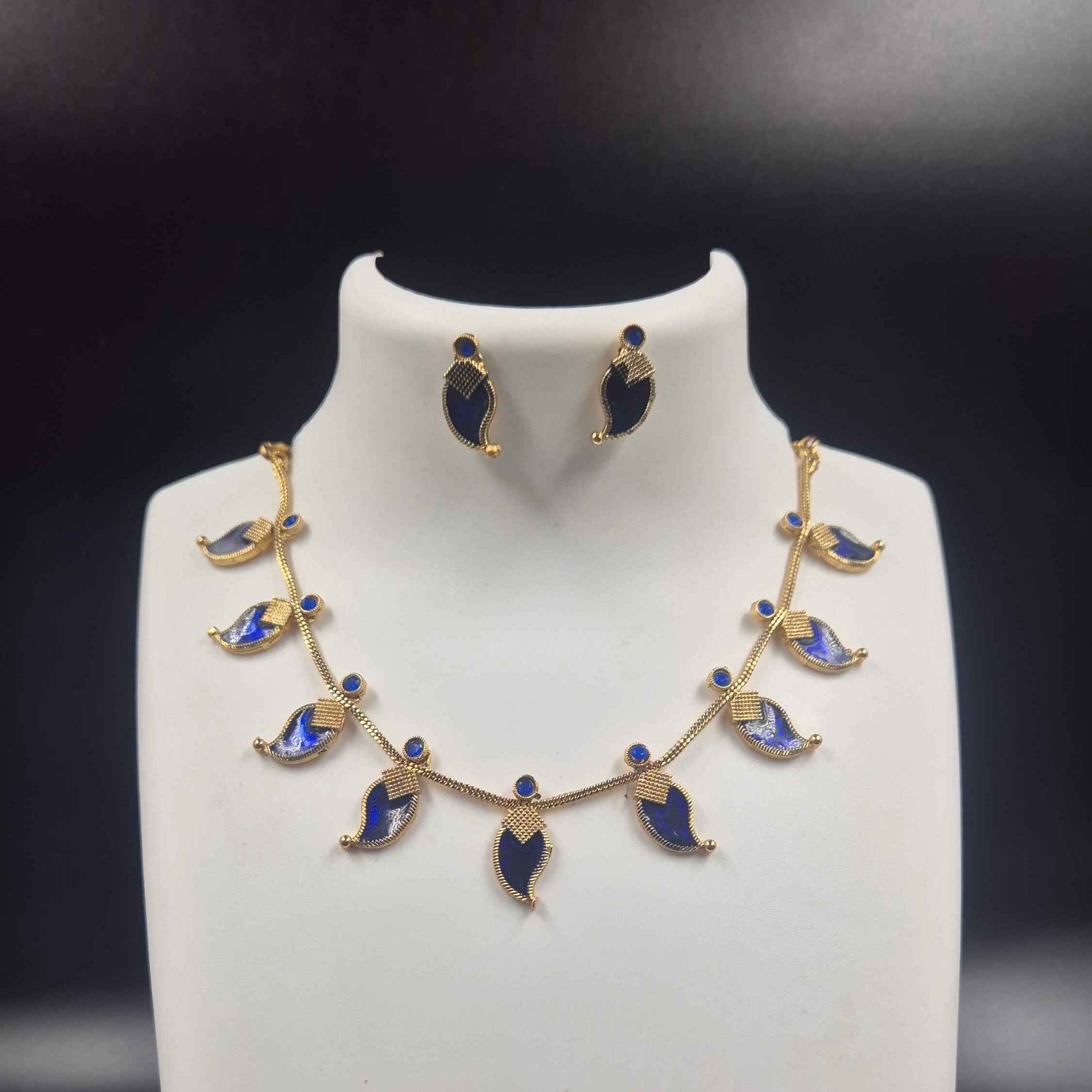 Royal Blue Leaf Necklace Set | Elegant Blue Designer Jewellery Set