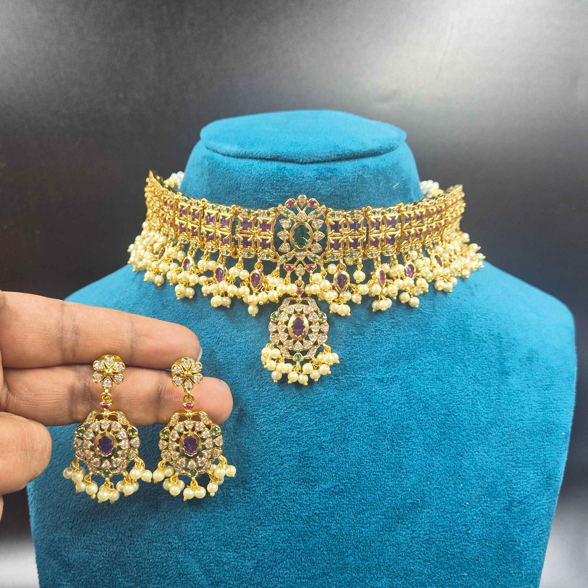 Maharani Choker Necklace Set | Ruby & Emerald Bridal Choker Jewellery