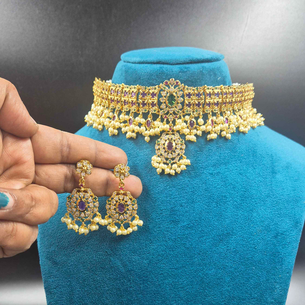 Maharani Choker Necklace Set | Ruby & Emerald Bridal Choker Jewellery
