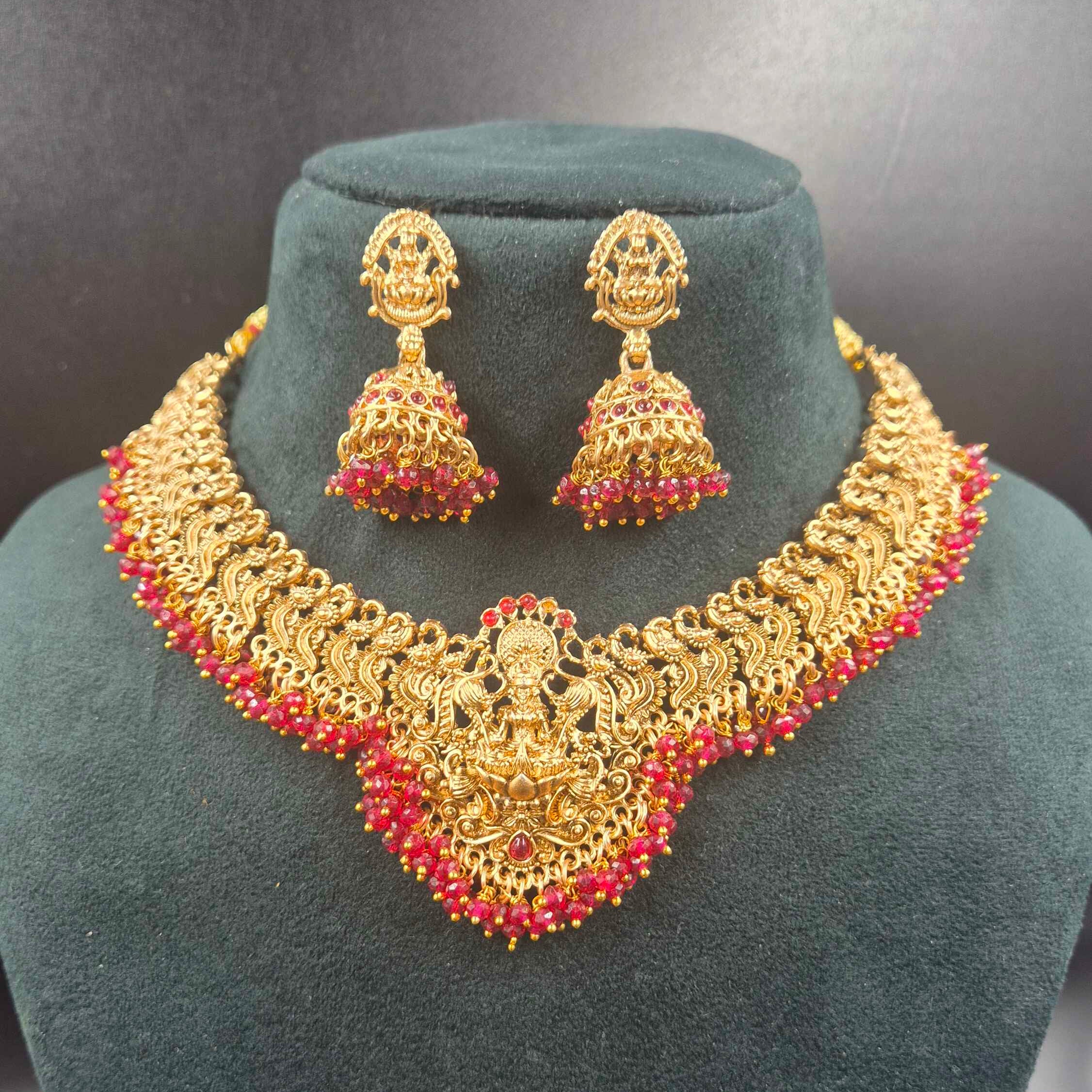 Divine Lakshmi Nakashi Necklace Set with Ruby Beads | Premium Temple Jewellery