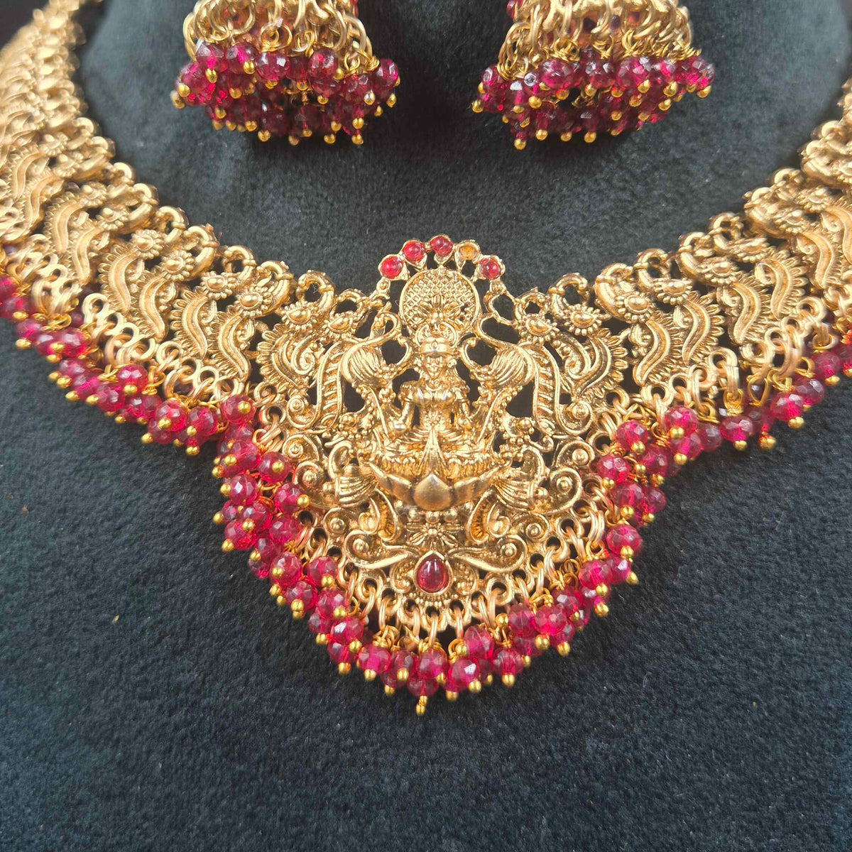Divine Lakshmi Nakashi Necklace Set with Ruby Beads | Premium Temple Jewellery