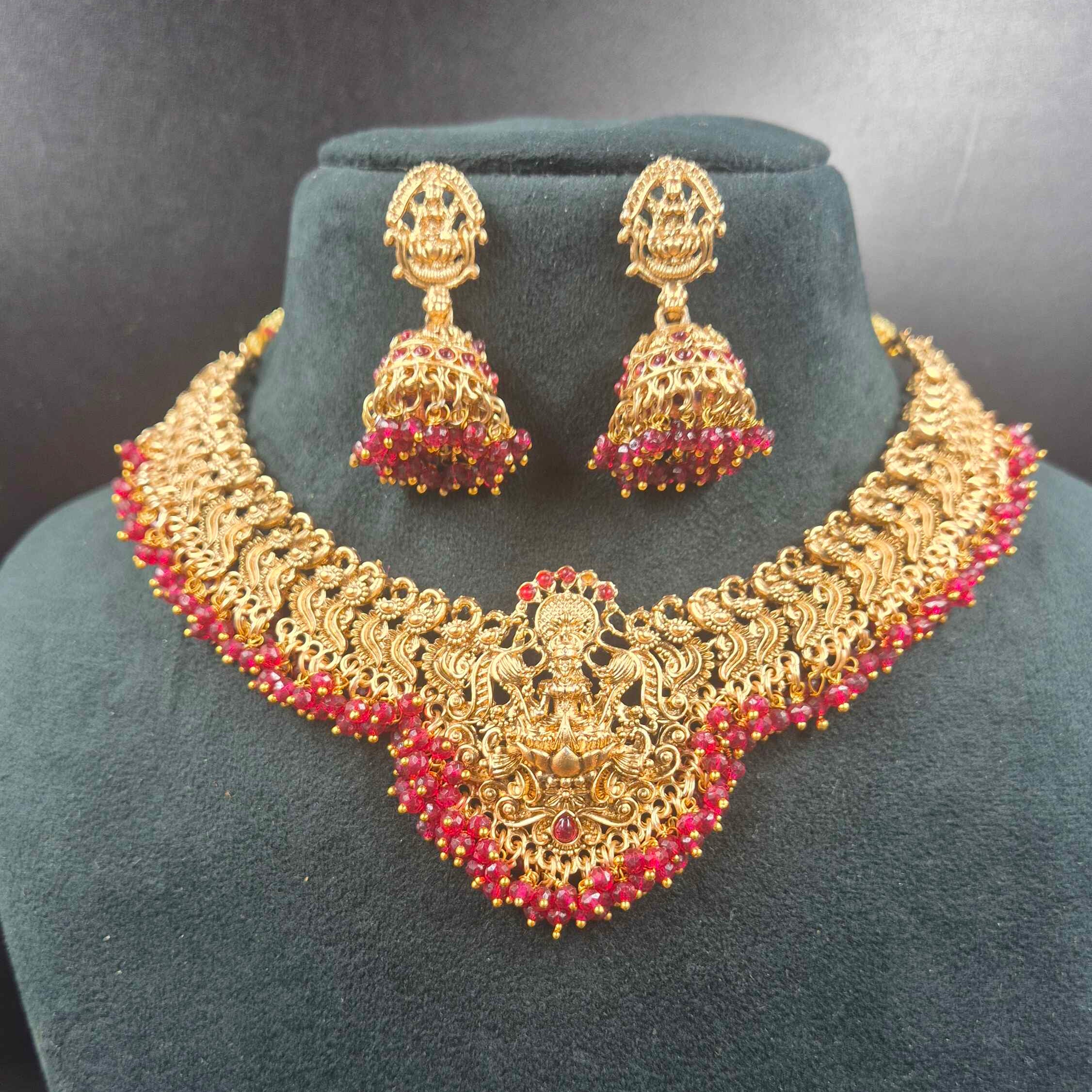 Divine Lakshmi Nakashi Necklace Set with Ruby Beads | Premium Temple Jewellery