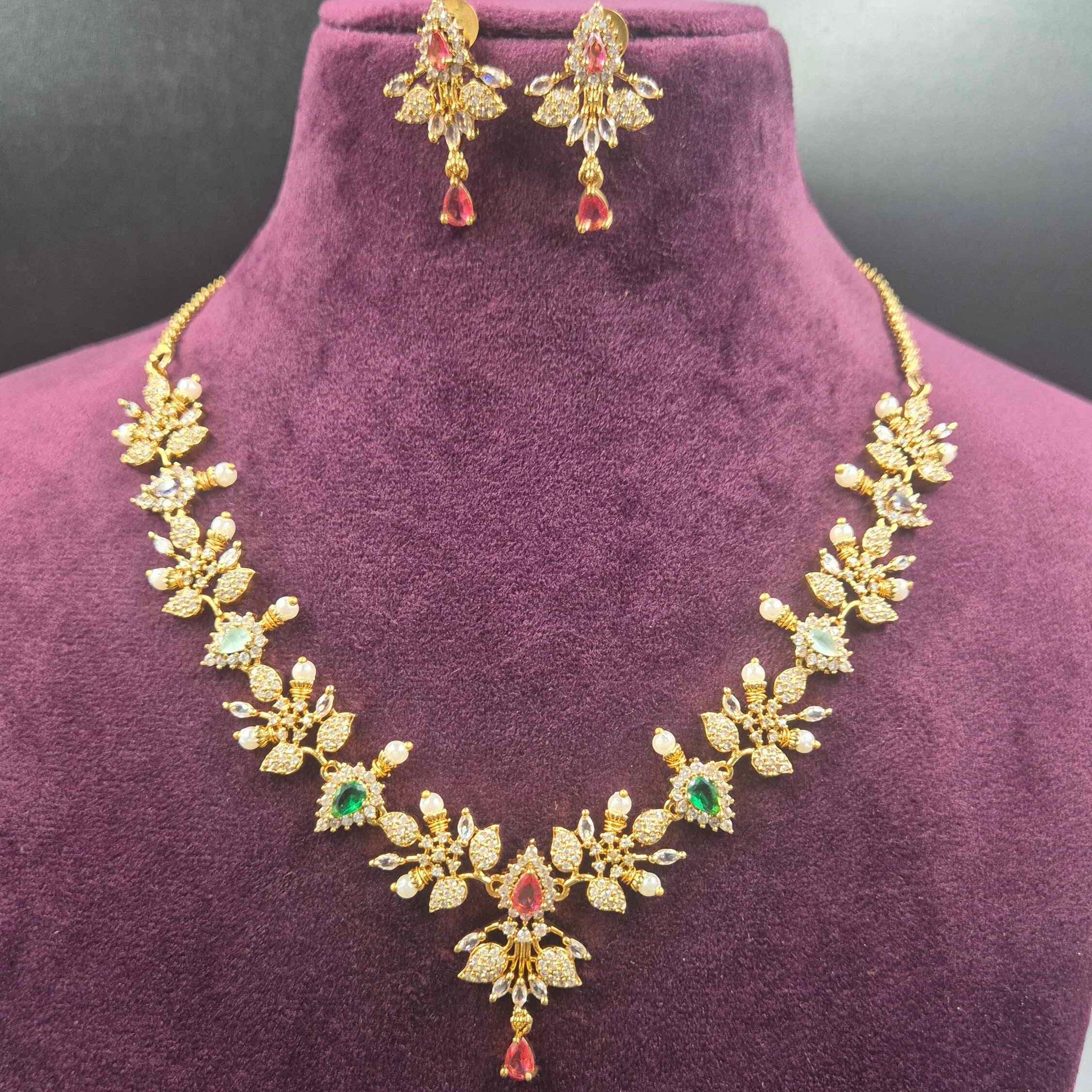 Floral Ruby & Emerald CZ Necklace Set | Designer Bridal Jewellery